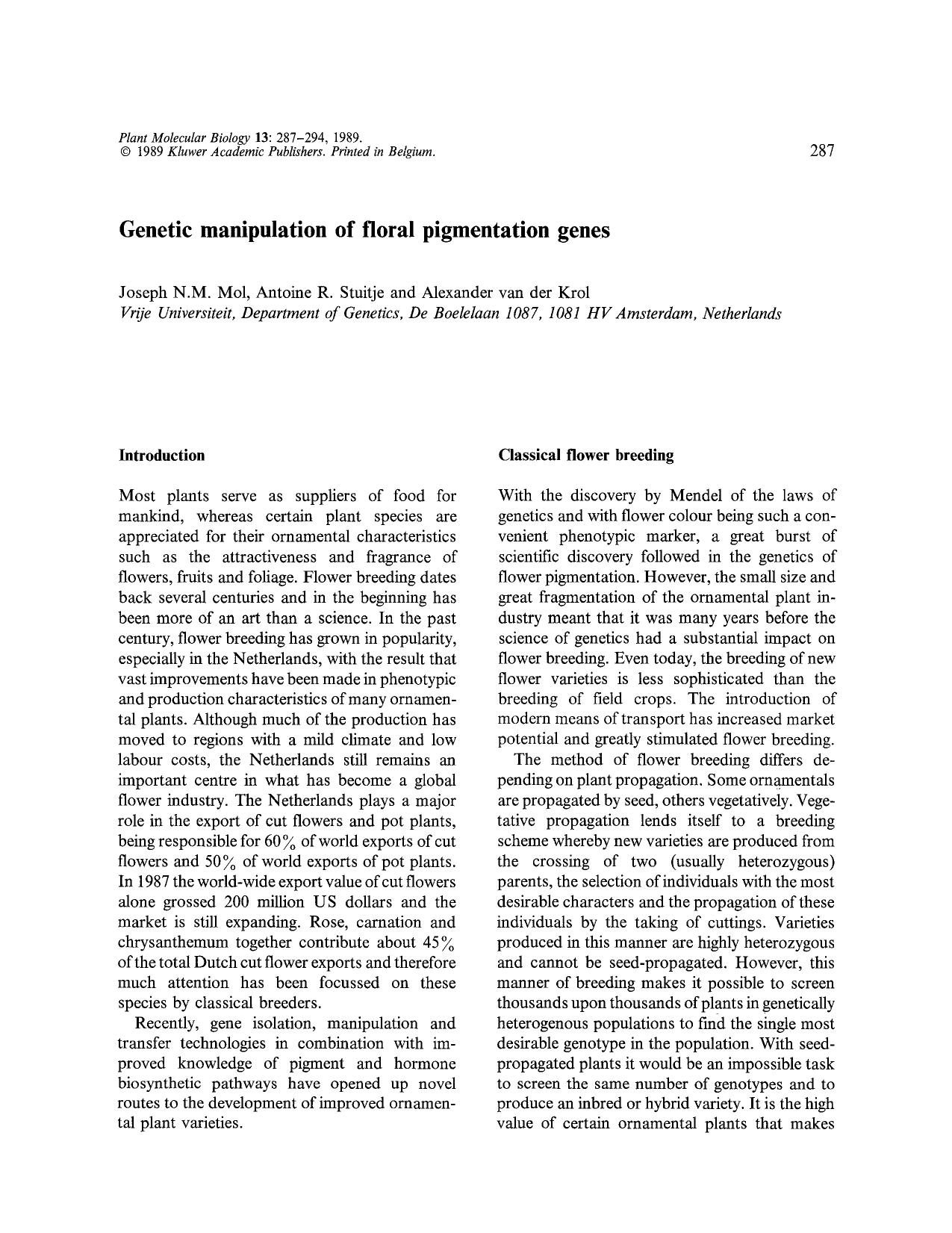 Genetic manipulation of floral pigmentation genes by Unknown