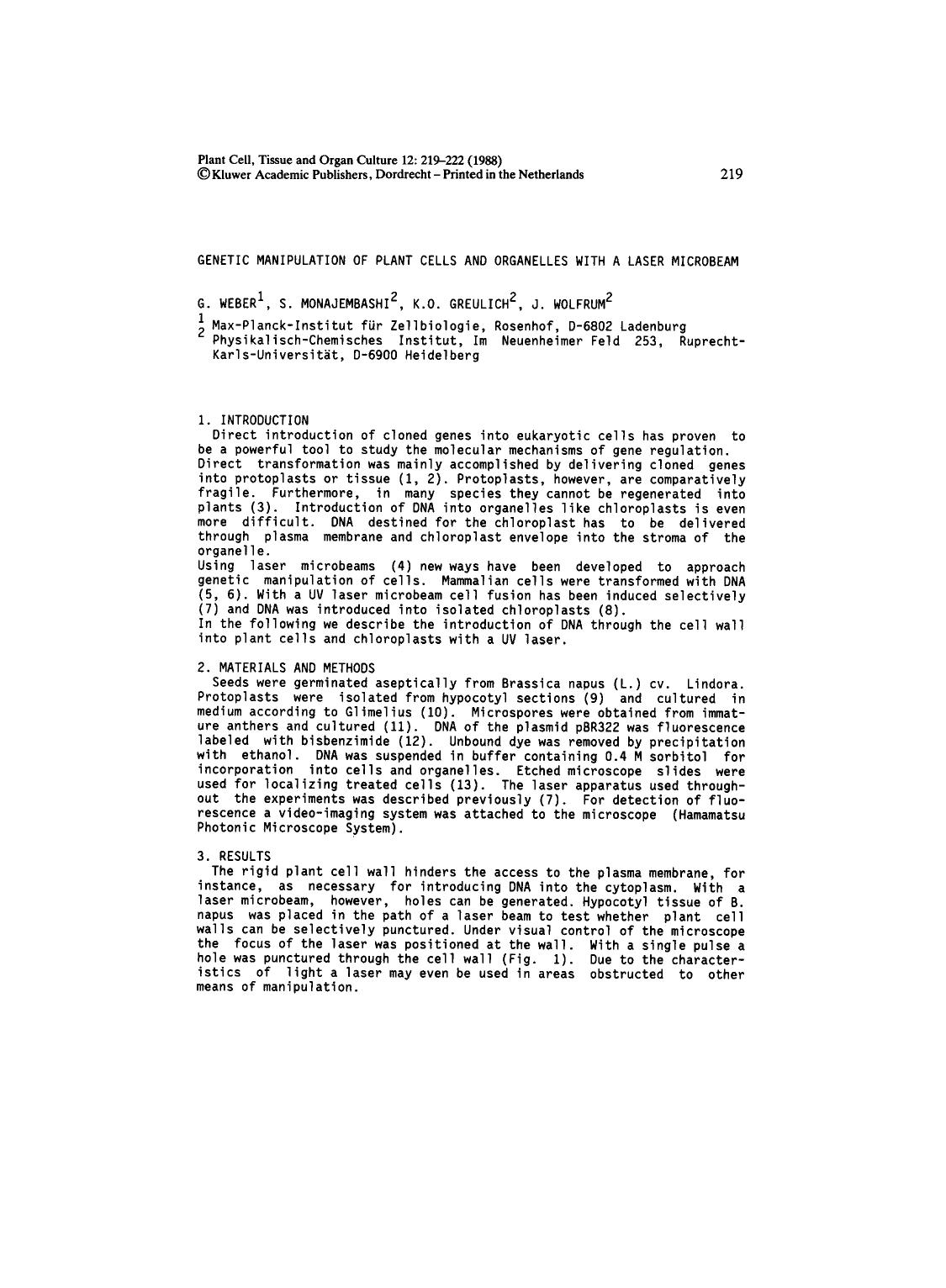 Genetic manipulation of plant cells and organelles with a laser microbeam by Unknown