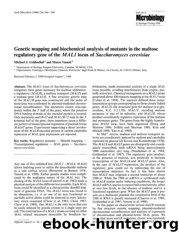 Genetic mapping and biochemical analysis of mutants in the maltose regulatory gene of the <Emphasis Type="Italic">MAL1<Emphasis> locus of <Emphasis Type="Italic">Saccharomyces cerevisiae<Emphasis> by Unknown