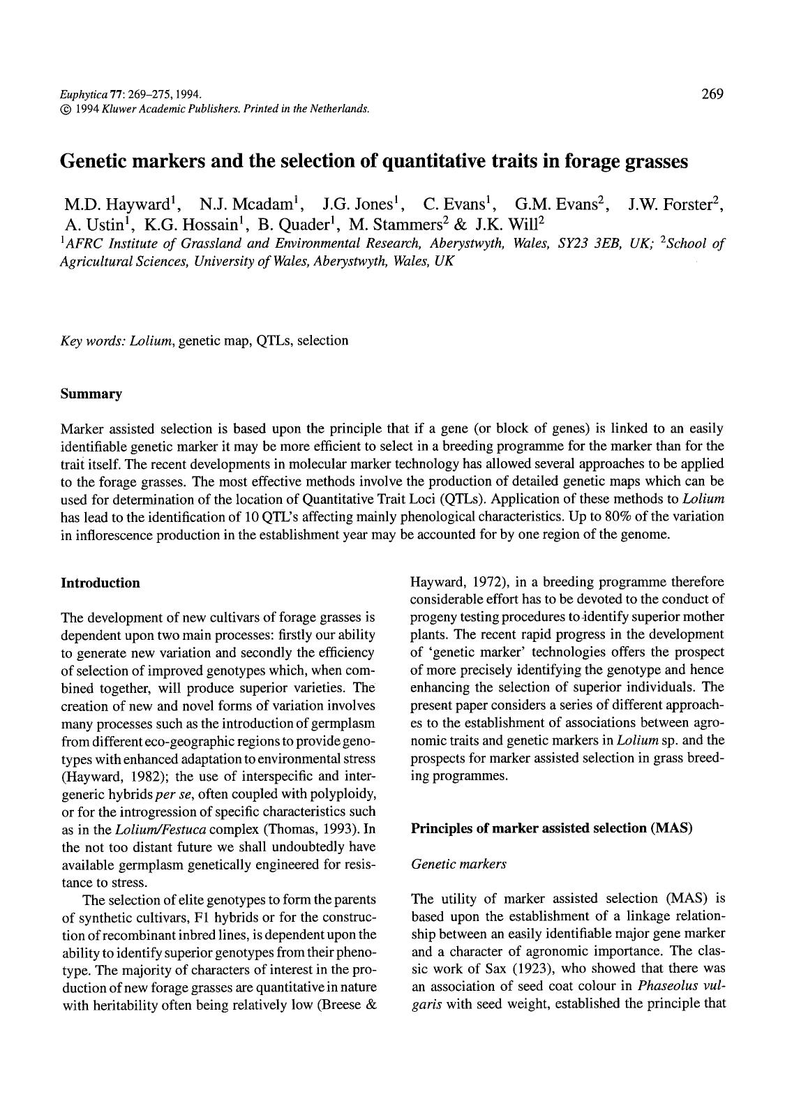 Genetic markers and the selection of quantitative traits in forage grasses by Unknown