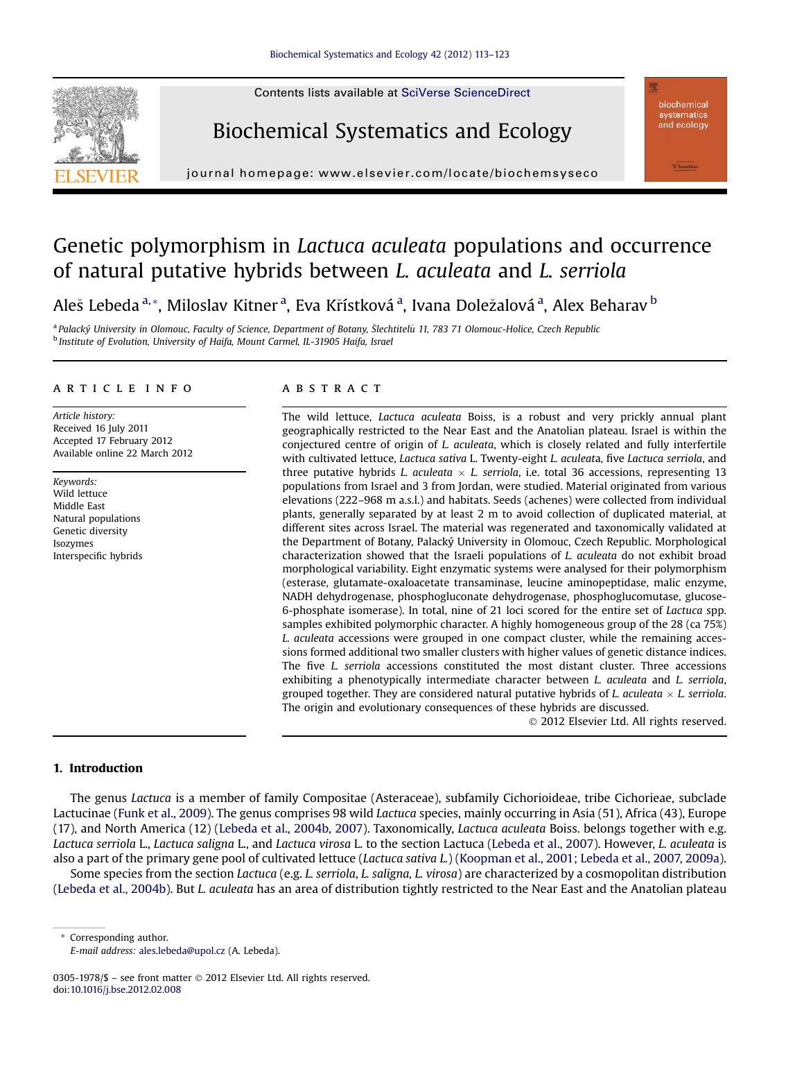 Genetic polymorphism in Lactuca aculeata populations and occurrence of natural putative hybrids between L. aculeata and L. serriola by Aleš Lebeda & Miloslav Kitner & Eva Křístková & Ivana Doležalová & Alex Beharav