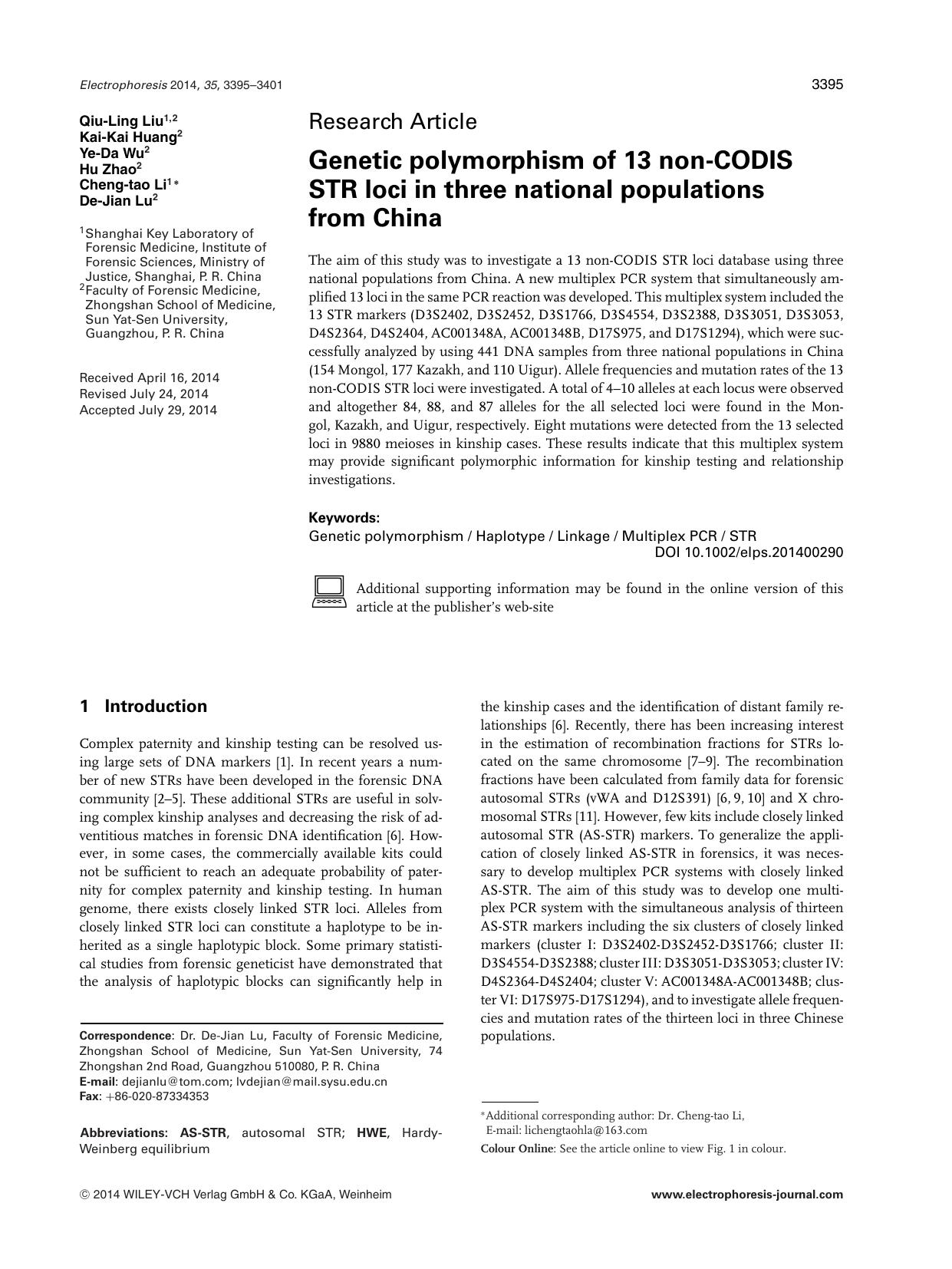Genetic polymorphism of 13 non&#x02010;CODIS STR loci in three national populations from China by Unknown