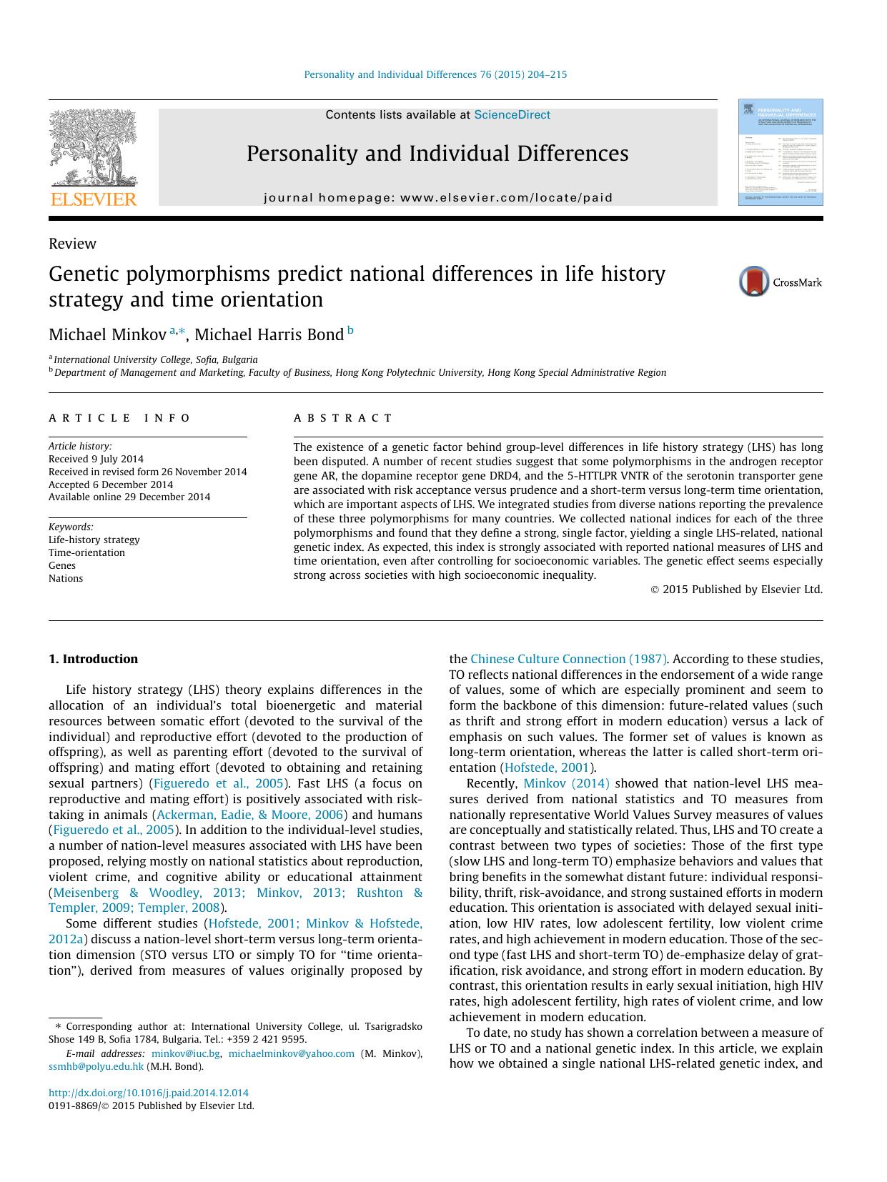 Genetic polymorphisms predict national differences in life history strategy and time orientation by Michael Minkov & Michael Harris Bond