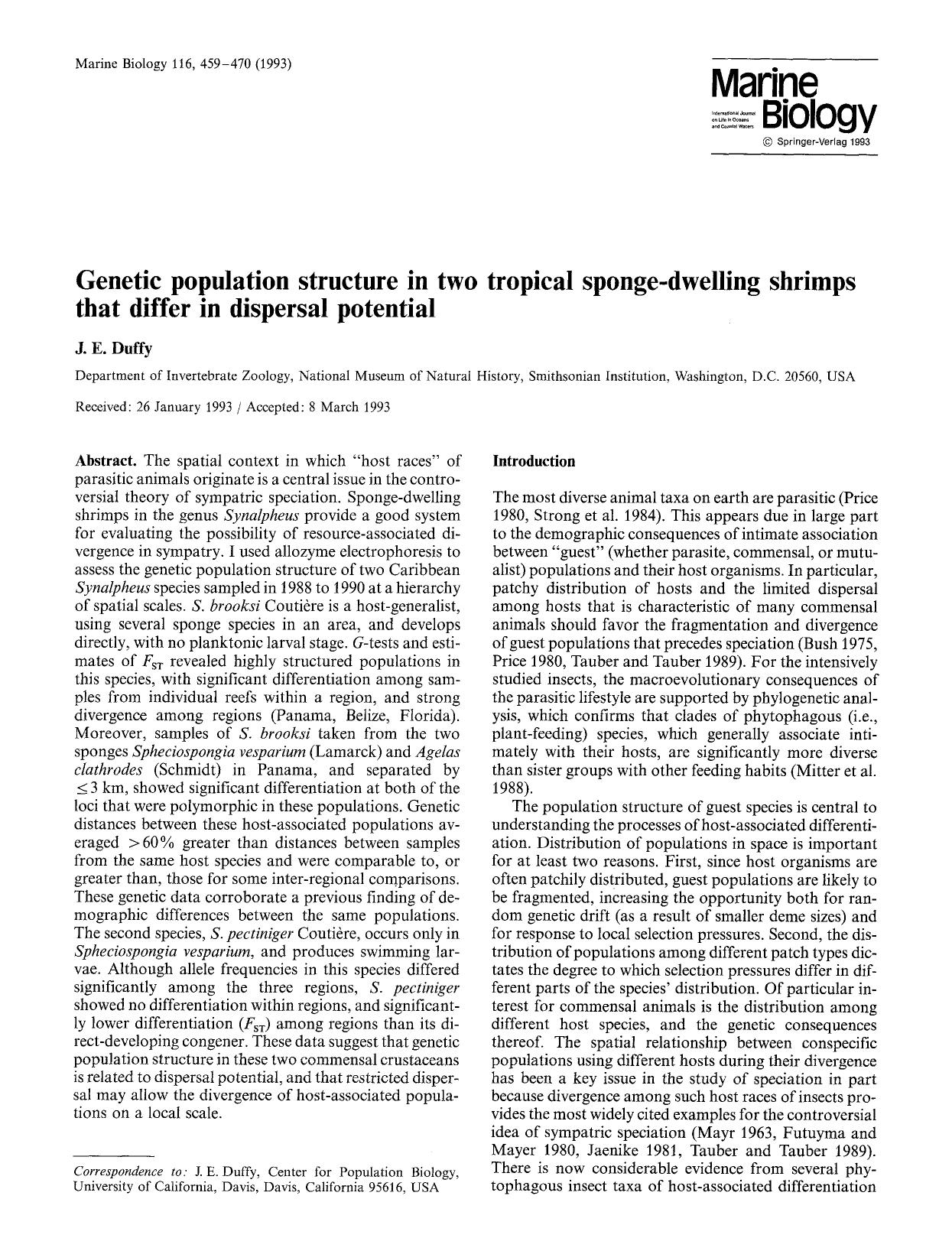 Genetic population structure in two tropical sponge-dwelling shrimps that differ in dispersal potential by Unknown