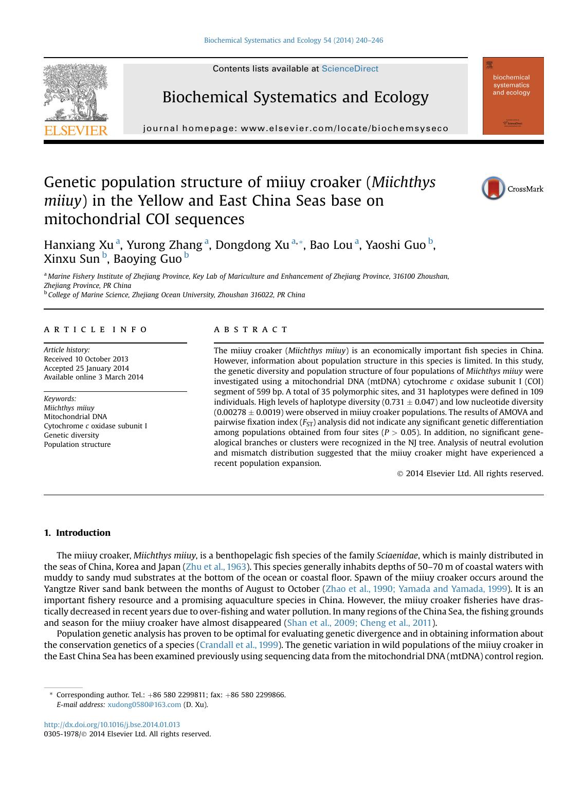 Genetic population structure of miiuy croaker (Miichthys miiuy) in the Yellow and East China Seas base on mitochondrial COI sequences by Hanxiang Xu & Yurong Zhang & Dongdong Xu & Bao Lou & Yaoshi Guo & Xinxu Sun & Baoying Guo