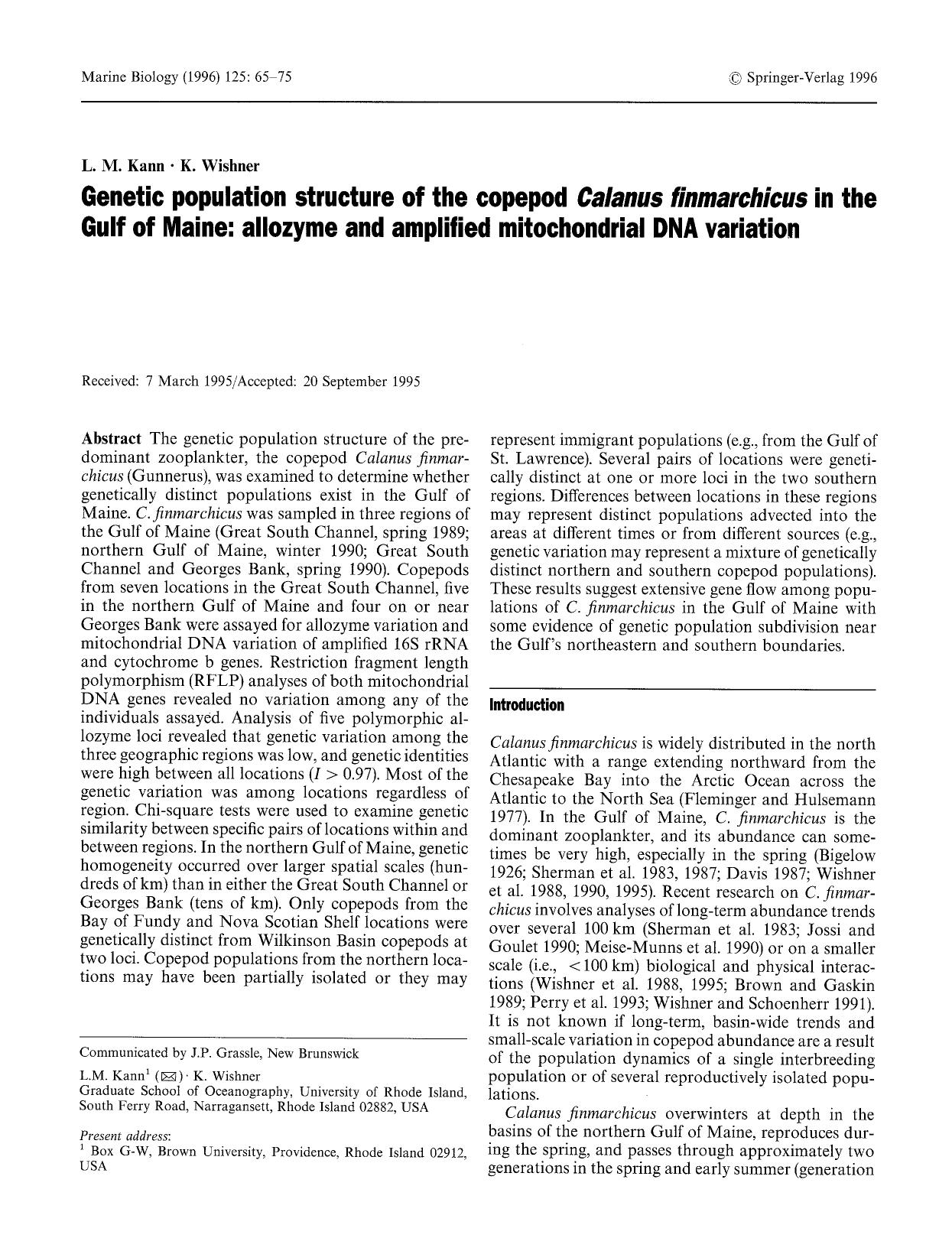 Genetic population structure of the copepod <Emphasis Type="Italic">Calanus finmarchicus<Emphasis> in the Gulf of Maine: allozyme and amplified mitochondrial DNA variation by Unknown