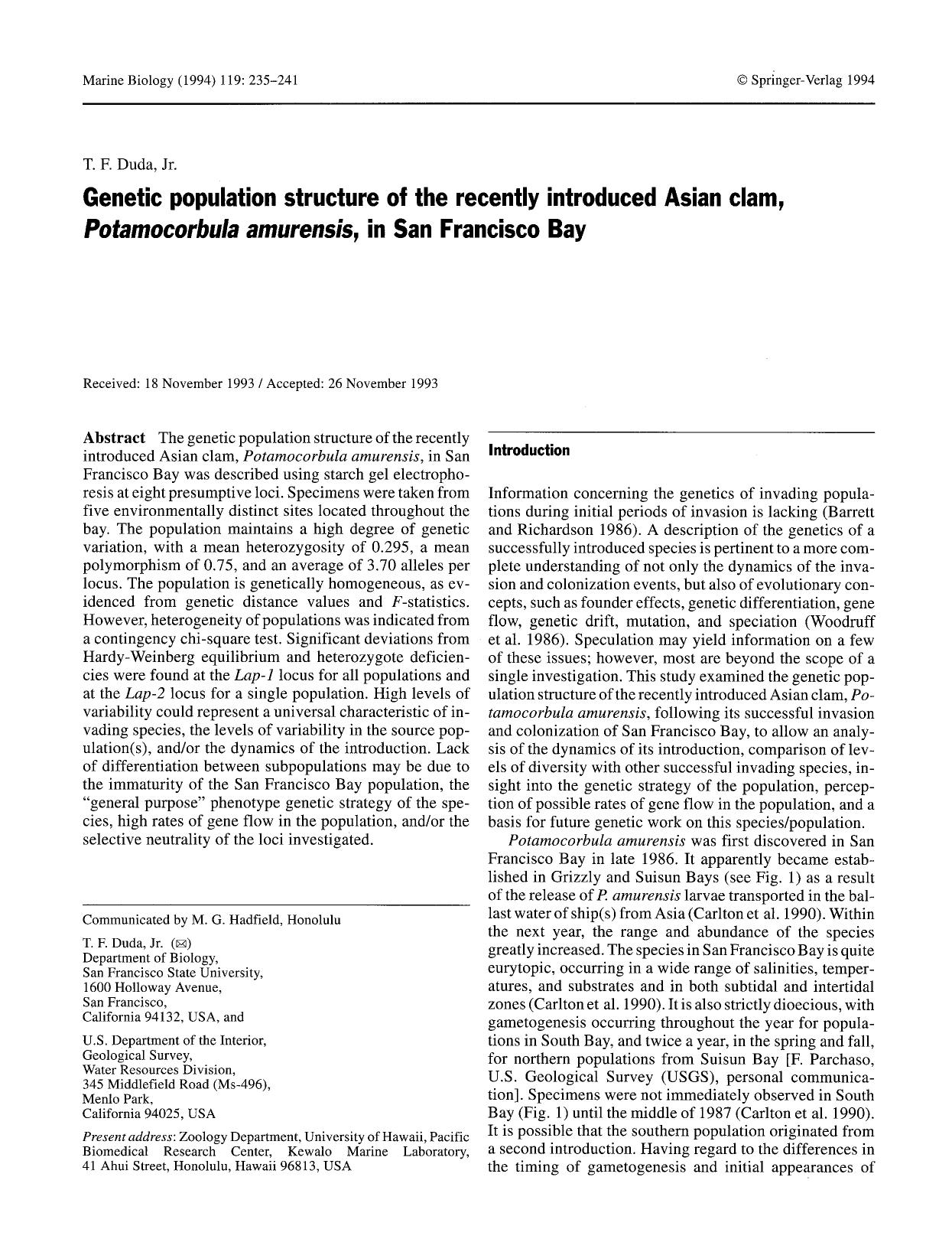 Genetic population structure of the recently introduced Asian clam, <Emphasis Type="Italic">Potamocorbula amurensis<Emphasis>, in San Francisco Bay by Unknown