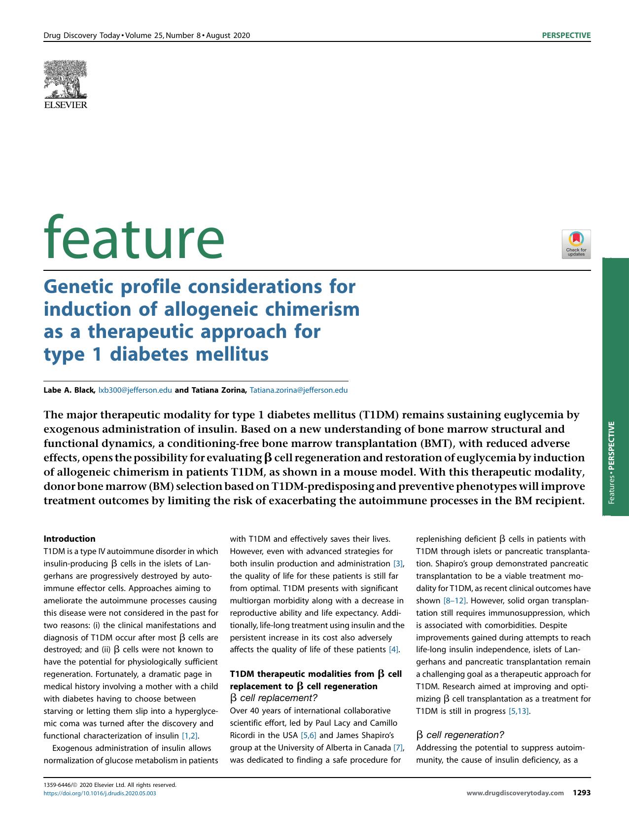 Genetic profile considerations for induction of allogeneic chimerism as a therapeutic approach for type 1 diabetes mellitus by Labe A. Black & Tatiana Zorina