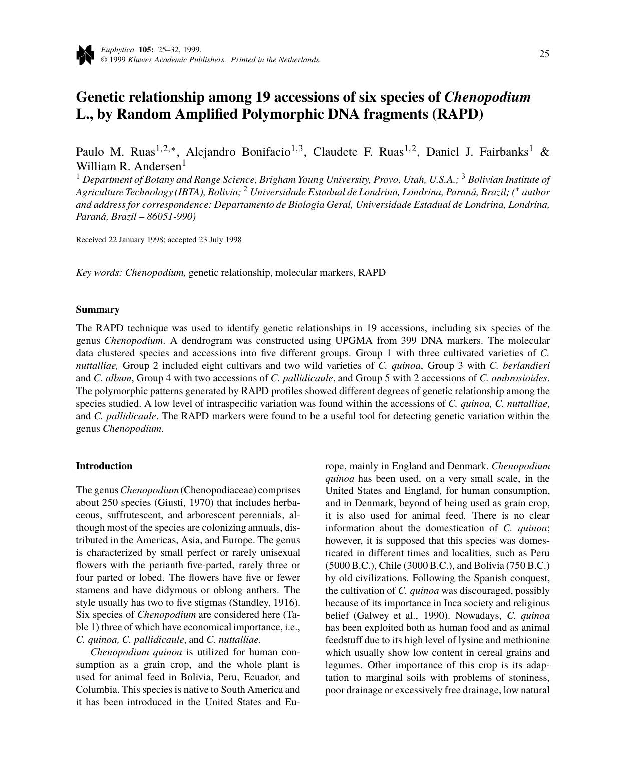 Genetic relationship among 19 accessions of six species of Chenopodium L., by Random Amplified Polymorphic DNA fragments (RAPD) by Unknown