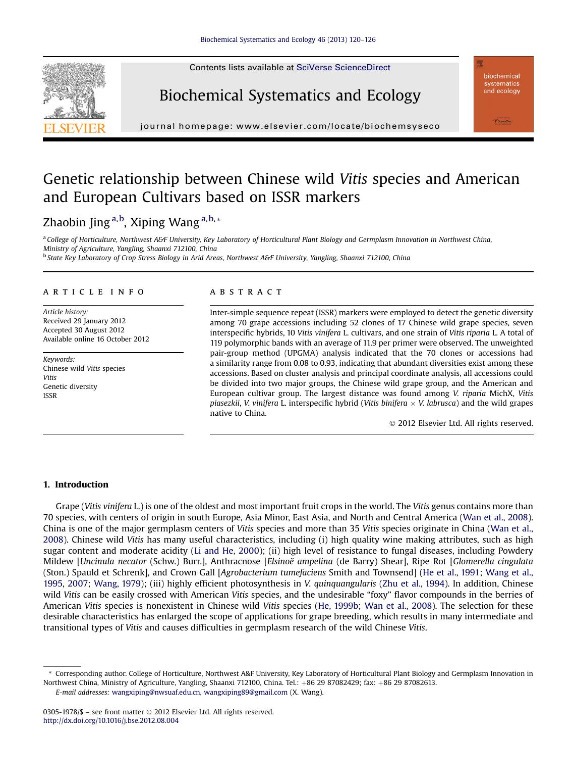 Genetic relationship between Chinese wild Vitis species and American and European Cultivars based on ISSR markers by Zhaobin Jing & Xiping Wang