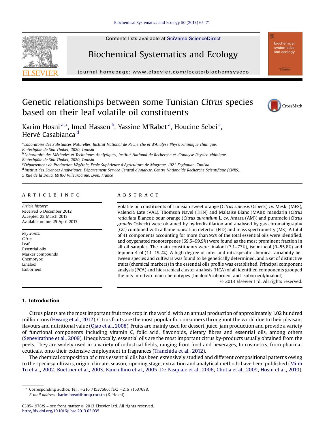 Genetic relationships between some Tunisian Citrus species based on their leaf volatile oil constituents by Karim Hosni & Imed Hassen & Yassine M'Rabet & Houcine Sebei & Hervé Casabianca