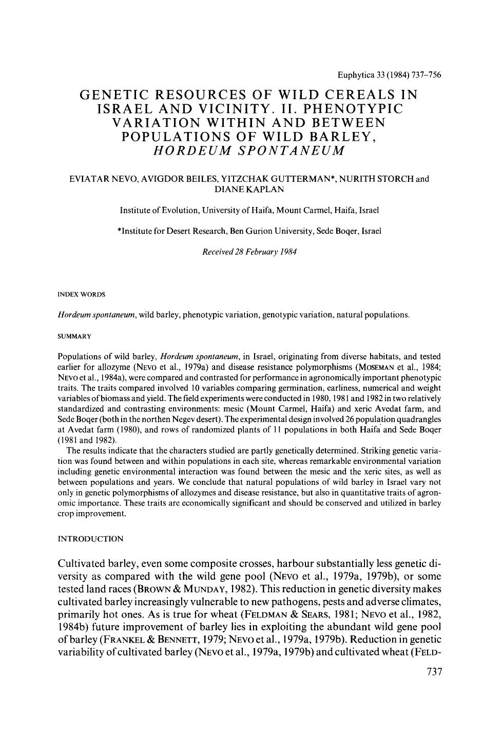 Genetic resources of wild cereals in Israel and vicinity. II. Phenotypic variation within and between populations of wild barley, <Emphasis Type="Italic">Hordeum spontaneum <Emphasis> by Unknown