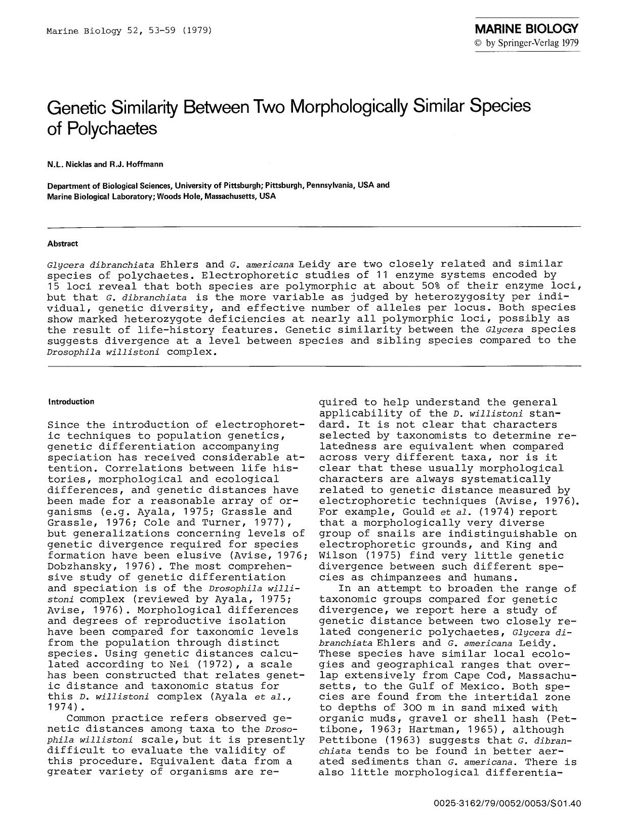 Genetic similarity between two morphologically similar species of polychaetes by Unknown