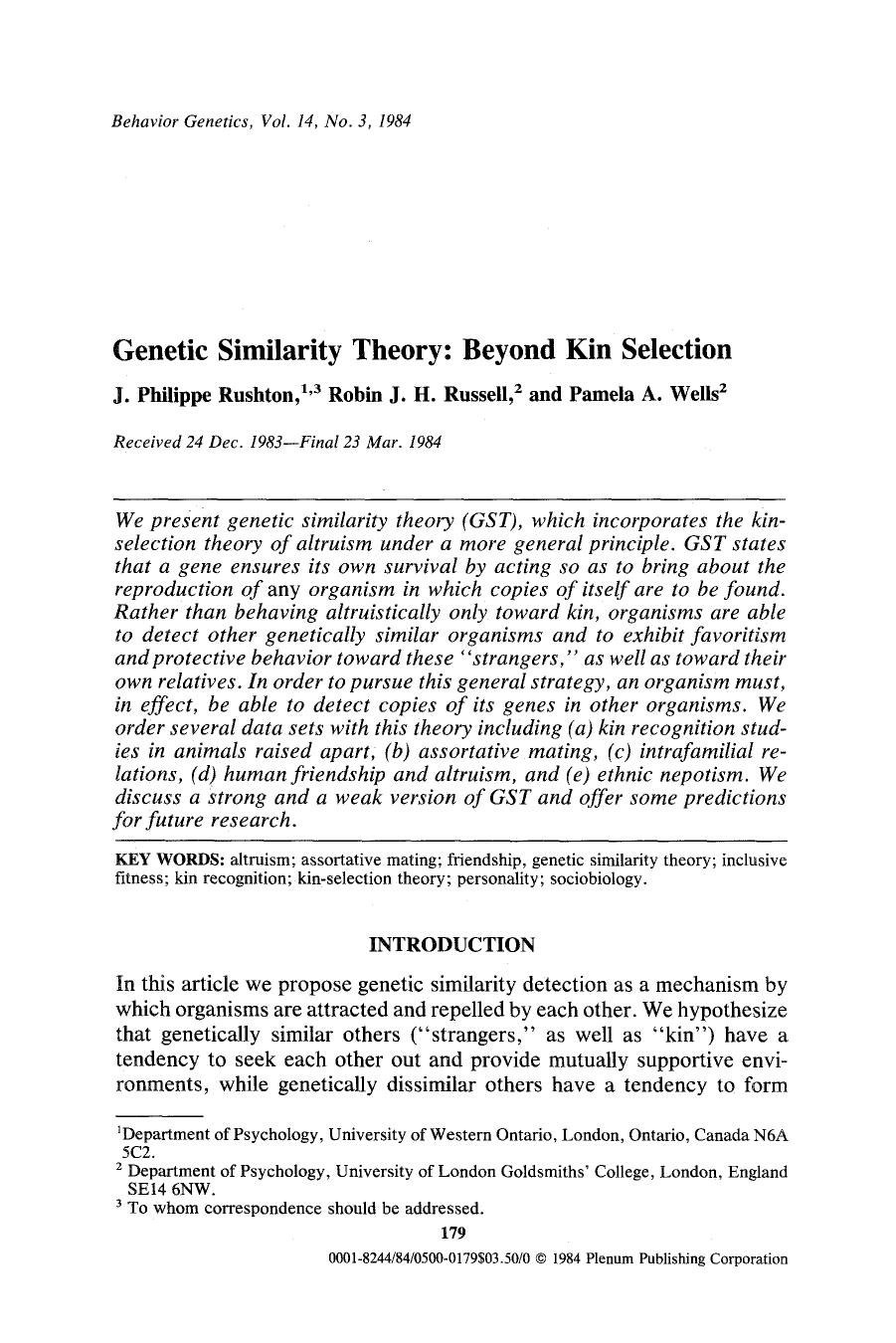 Genetic similarity theory: Beyond kin selection by Beyond Kin Selection (1984) by John Philippe Rushton Robin J. H. Russell & Pamela A. Wells