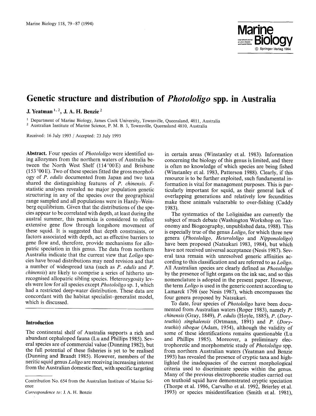 Genetic structure and distribution of <Emphasis Type="Italic">Photololigo <Emphasis> spp. in Australia by Unknown