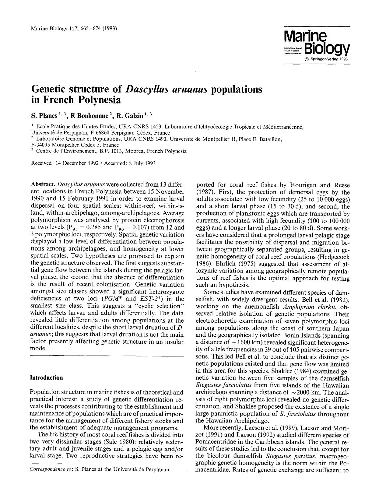 Genetic structure of <Emphasis Type="Italic">Dascyllus aruanus<Emphasis> populations in French Polynesia by Unknown