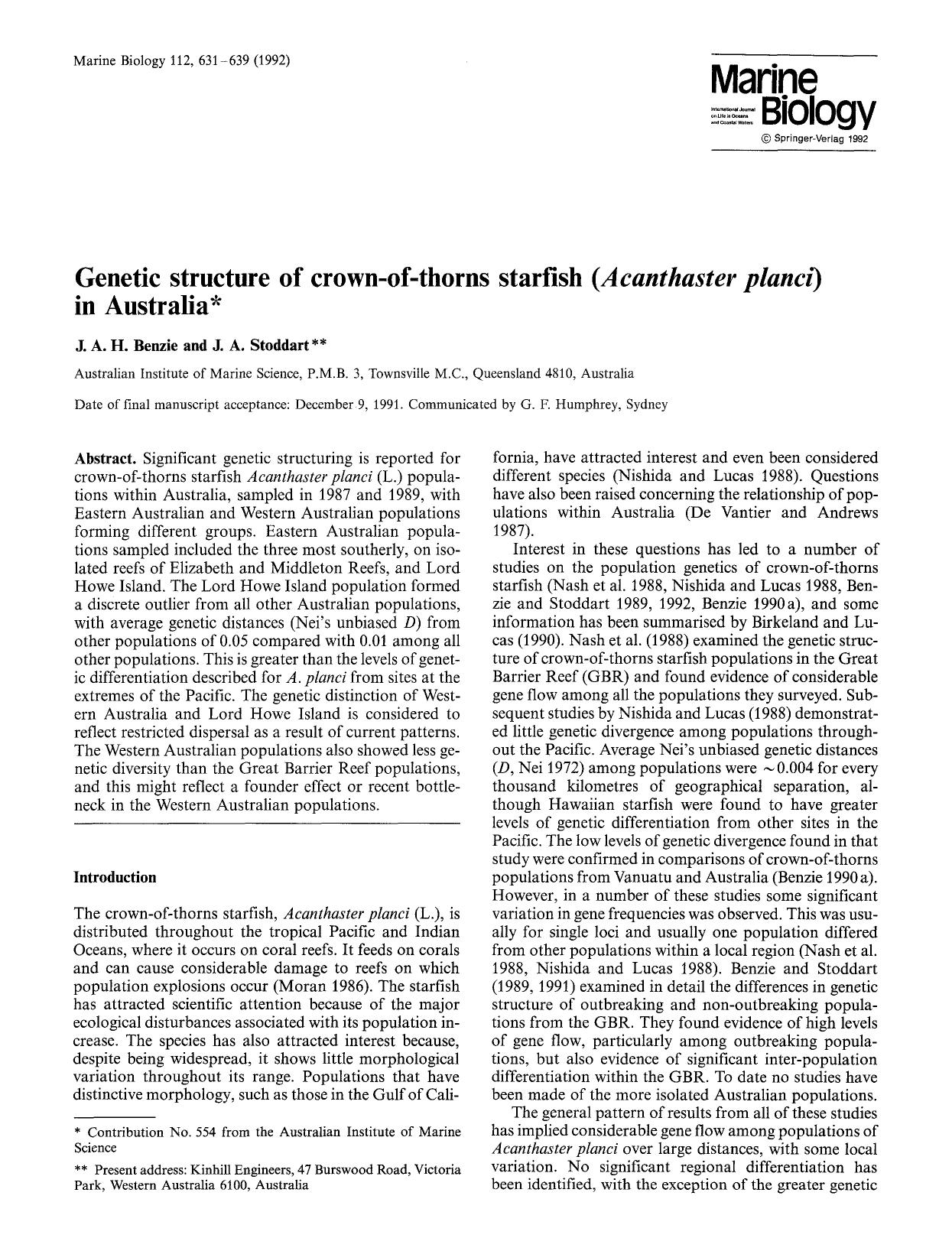 Genetic structure of crown-of-thorns starfish (<Emphasis Type="Italic">Acanthaster planci<Emphasis>) in Australia by Unknown