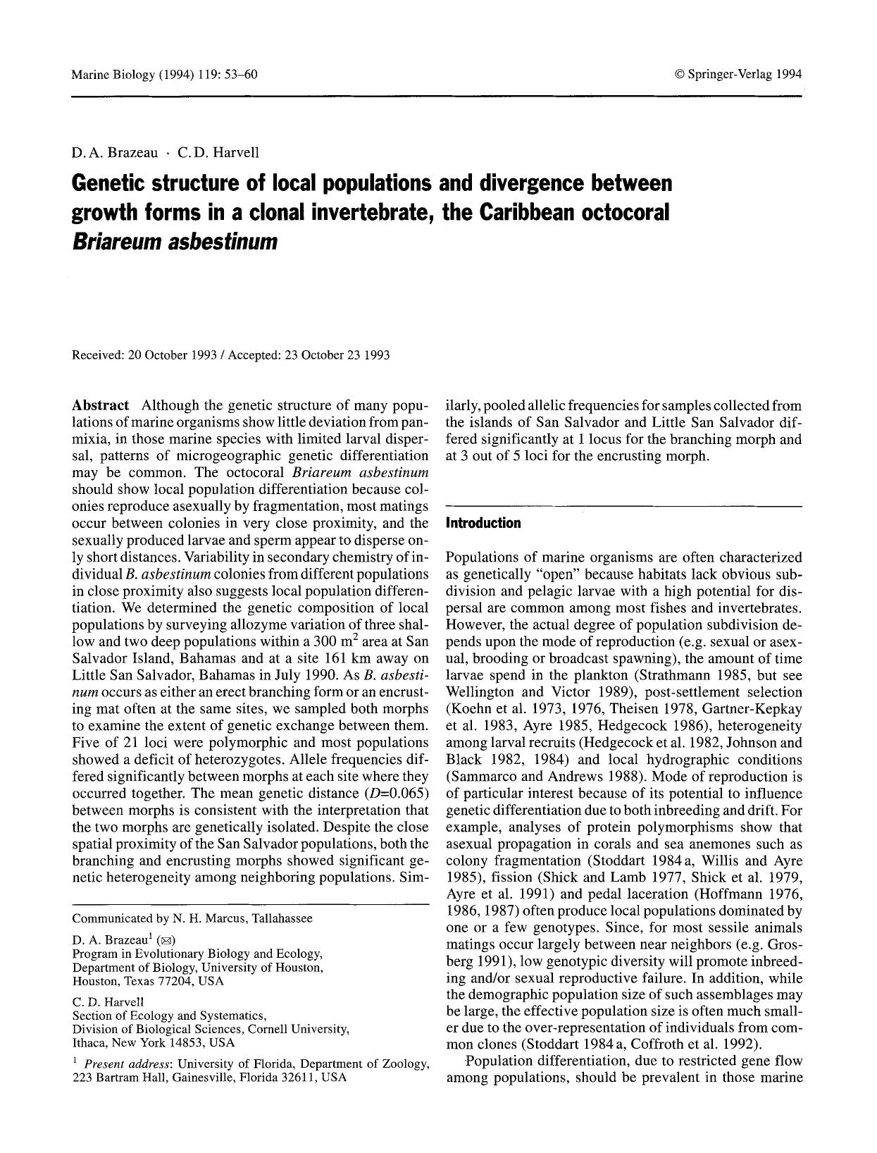 Genetic structure of local populations and divergence between growth forms in a clonal invertebrate, the Caribbean octocoral <Emphasis Type="Italic">Briareum asbestinum<Emphasis> by Unknown