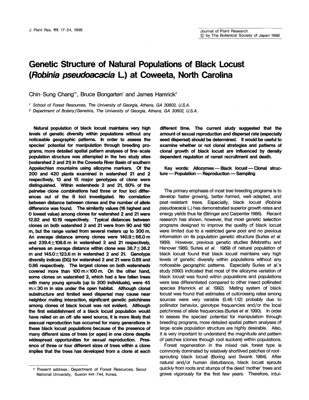 Genetic structure of natural populations of black locust ( <Emphasis Type="Italic">Robinia pseudoacacia <Emphasis> L.) at Coweeta, North Carolina by Unknown