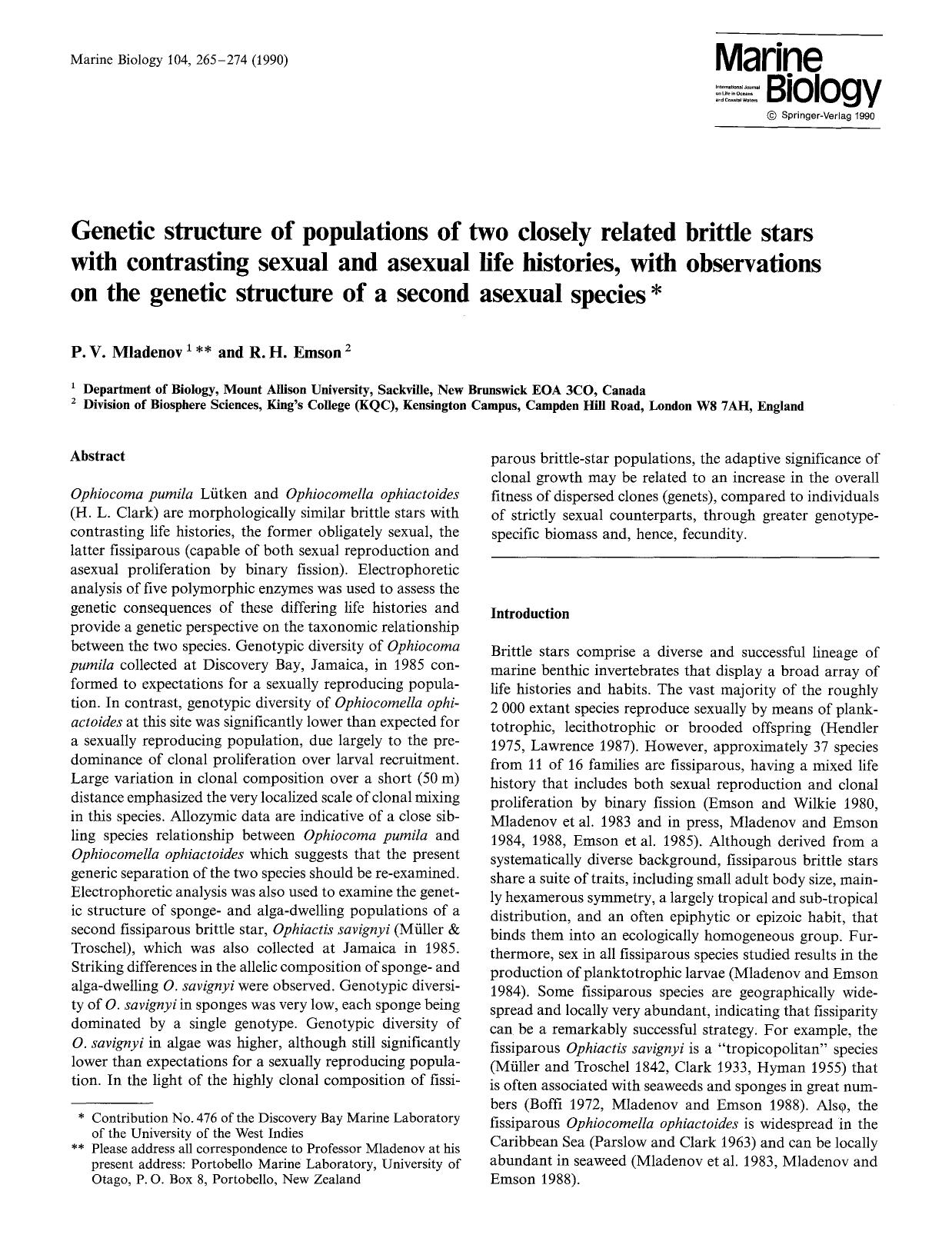Genetic structure of populations of two closely related brittle stars with contrasting sexual and asexual life histories, with observations on the genetic structure of a second asexual species by Unknown
