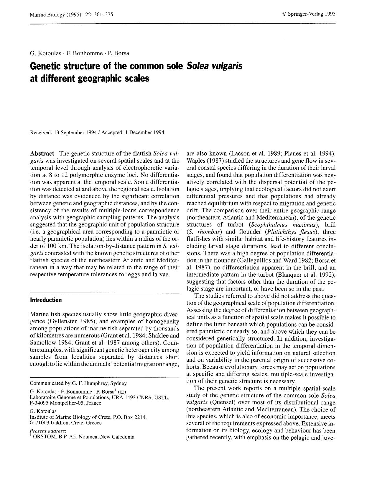 Genetic structure of the common sole <Emphasis Type="Italic">Solea vulgaris<Emphasis> at different geographic scales by Unknown