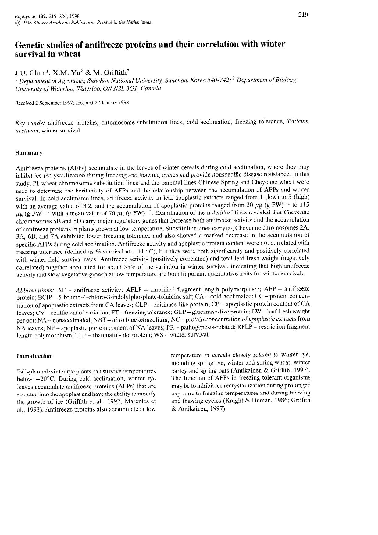 Genetic studies of antifreeze proteins and their correlation with winter survival in wheat by Unknown