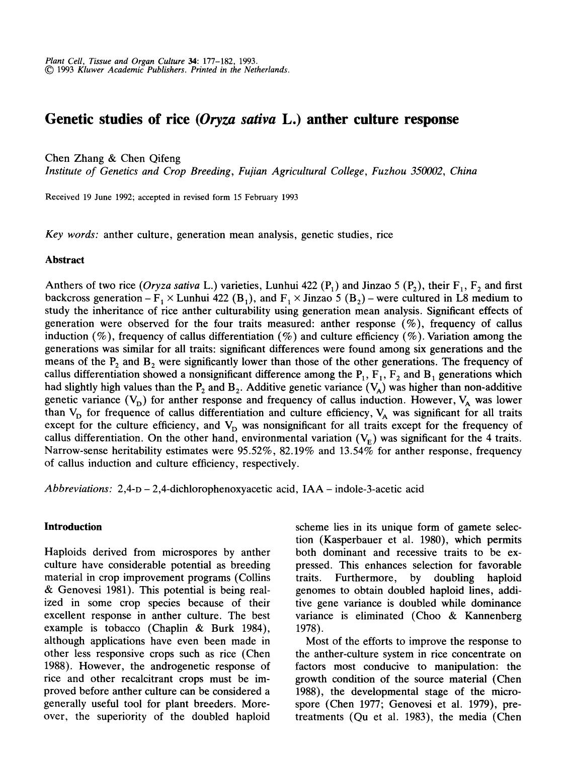 Genetic studies of rice ( <Emphasis Type="Italic">Oryza sativa <Emphasis> L.) anther culture response by Unknown