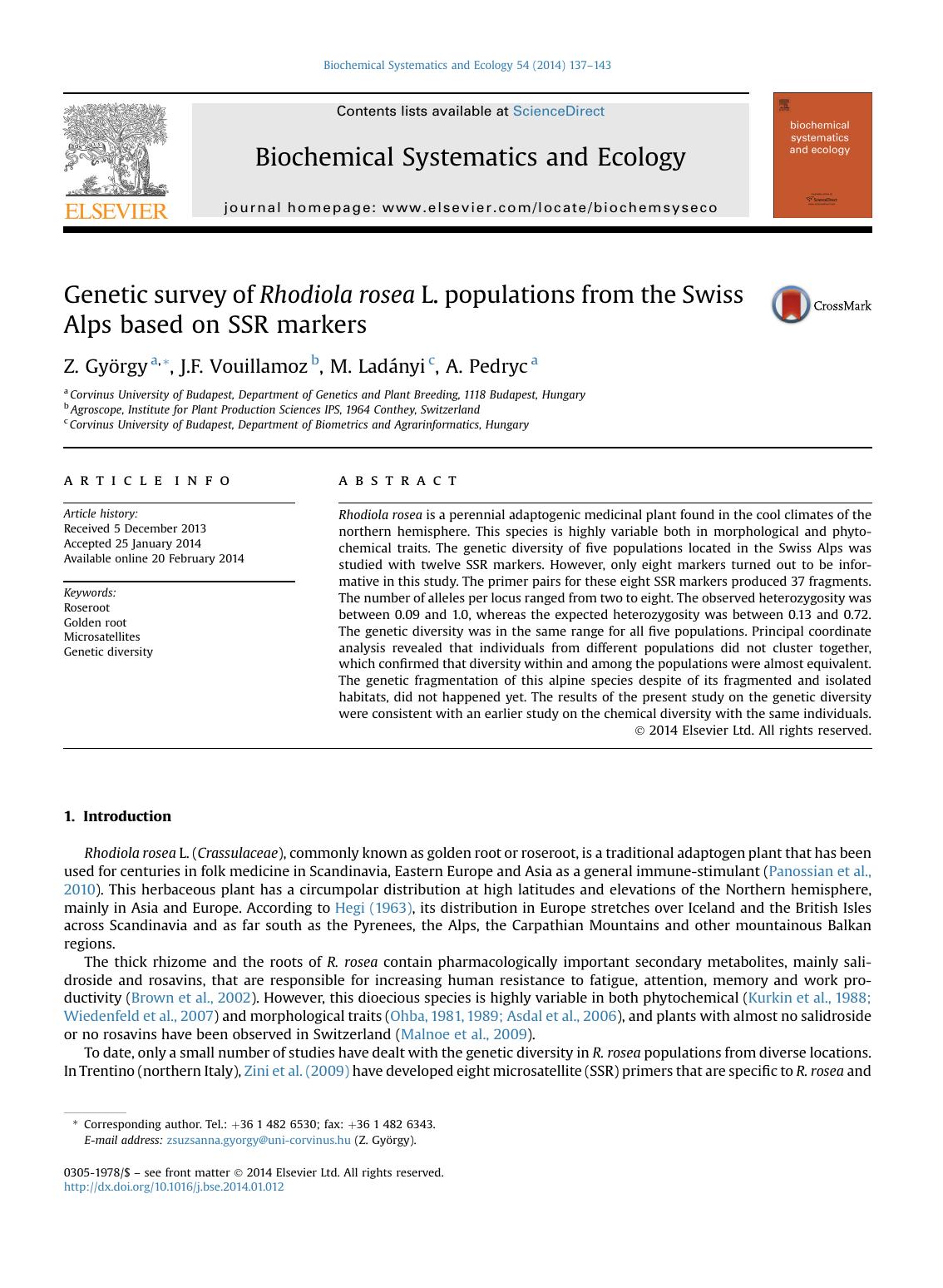Genetic survey of Rhodiola rosea L. populations from the Swiss Alps based on SSR markers by Z. György & J.F. Vouillamoz & M. Ladányi & A. Pedryc