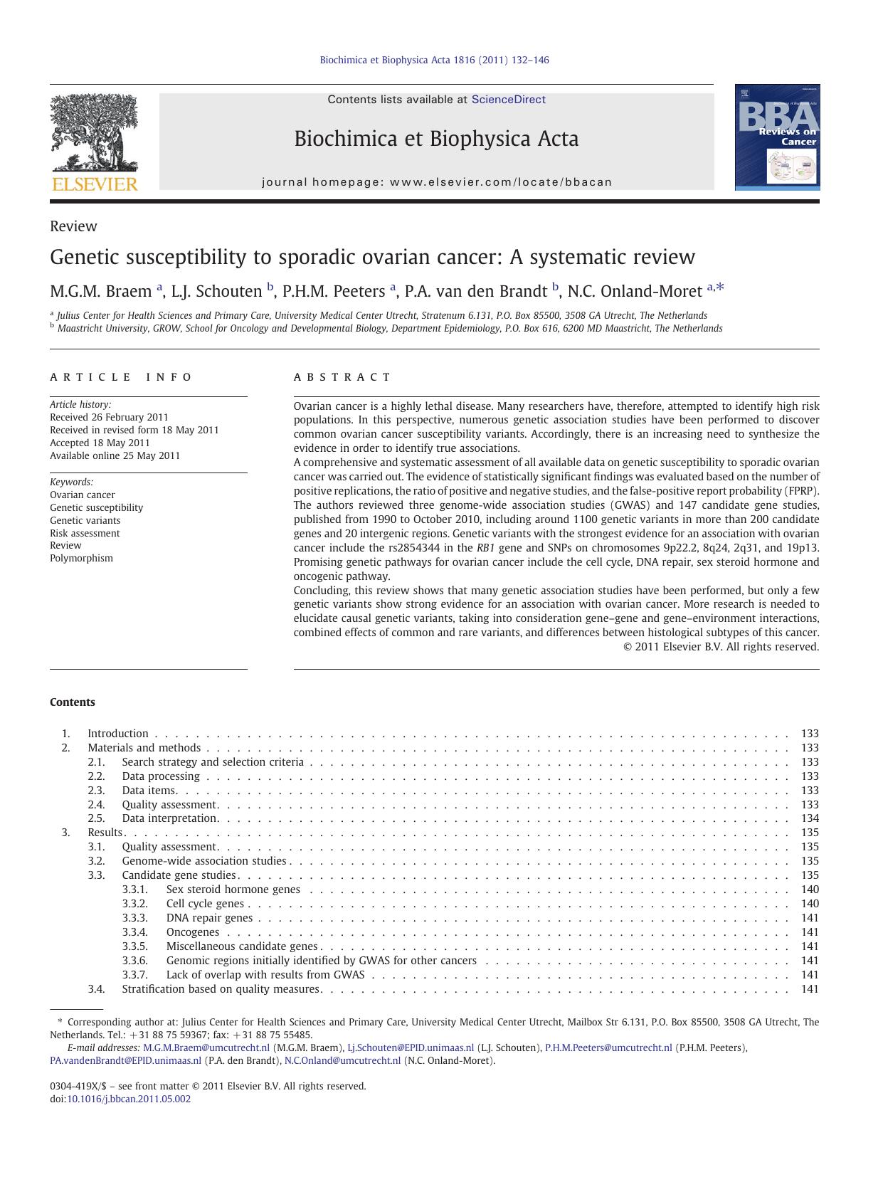 Genetic susceptibility to sporadic ovarian cancer: A systematic review by M.G.M. Braem & L.J. Schouten & P.H.M. Peeters & P.A. van den Brandt & N.C. Onland-Moret