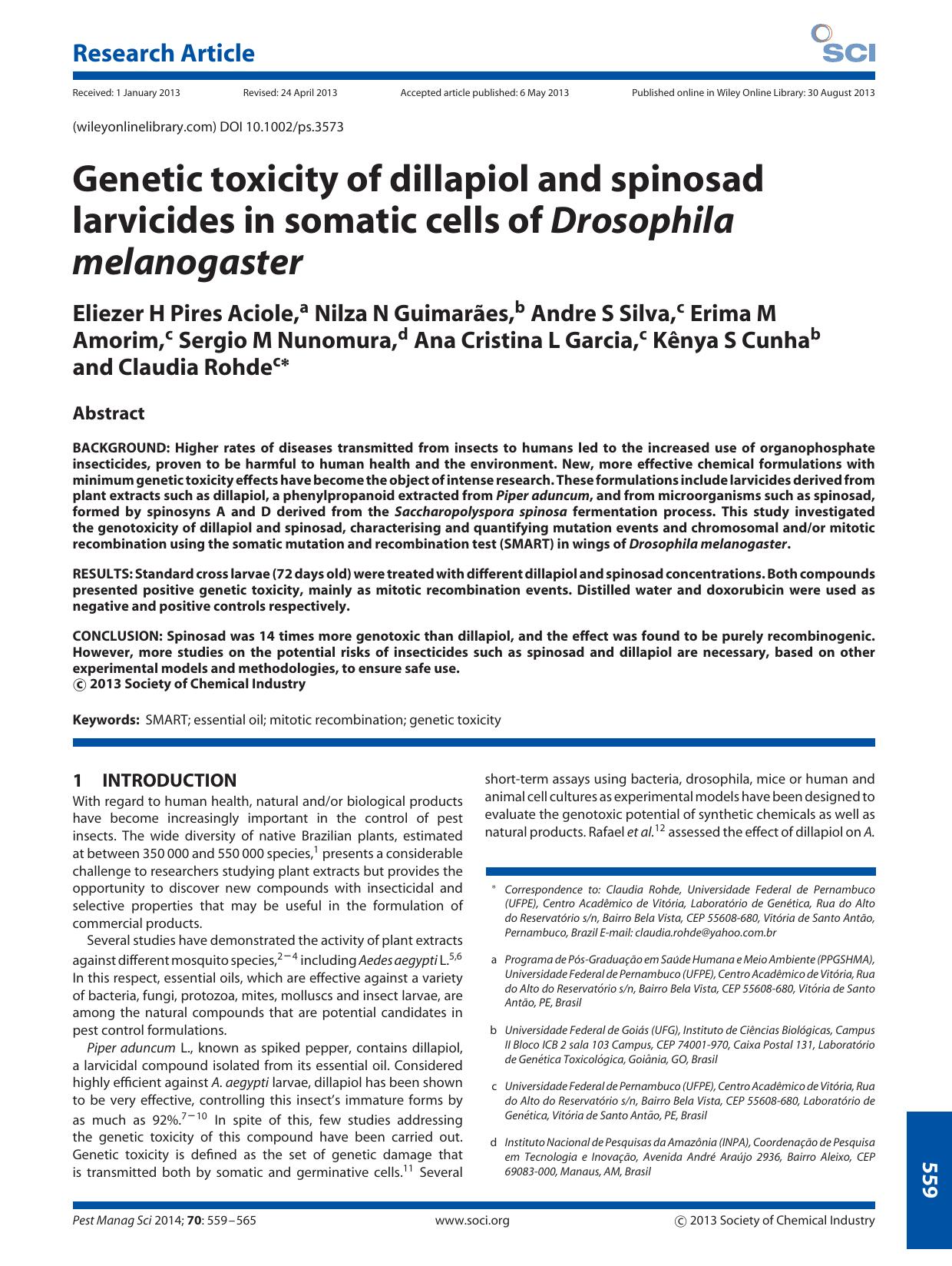 Genetic toxicity of dillapiol and spinosad larvicides in somatic cells of Drosophila melanogaster by Unknown