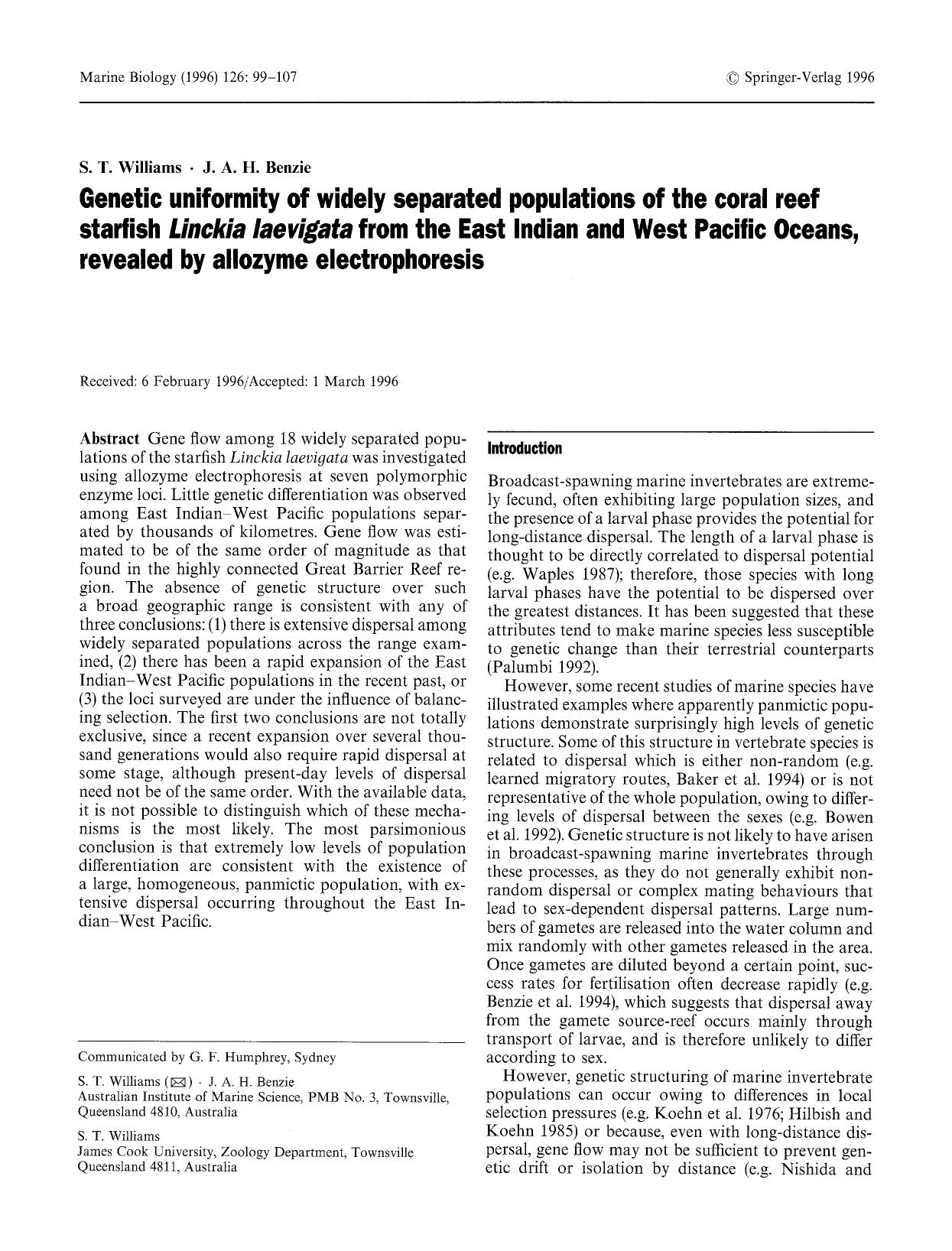 Genetic uniformity of widely separated populations of the coral reef starfish <Emphasis Type="Italic">Linckia laevigata <Emphasis> from the East Indian and West Pacific Oceans, rev by Unknown