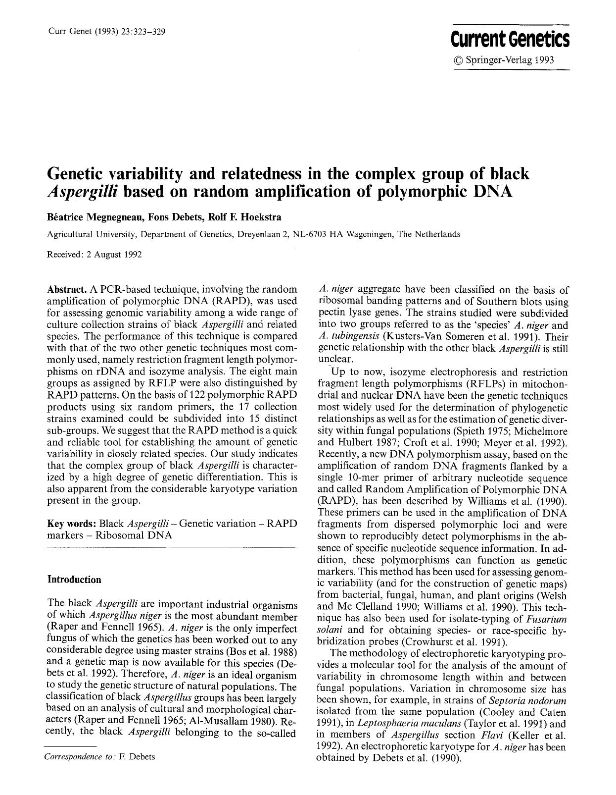 Genetic variability and relatedness in the complex group of black <Emphasis Type="Italic">Aspergilli<Emphasis> based on random amplification of polymorphic DNA by Unknown