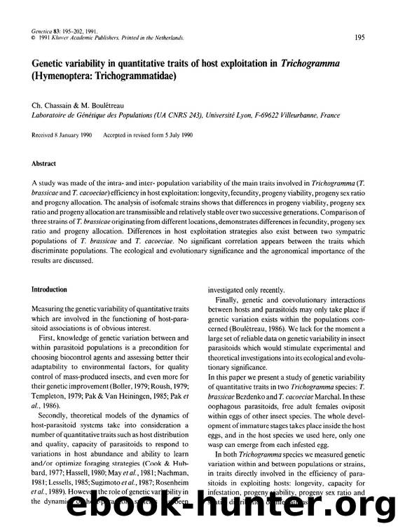 Genetic variability in quantitative traits of host exploitation in <Emphasis Type="Italic">Trichogramma<Emphasis> (Hymenoptera: Trichogrammatidae) by Unknown