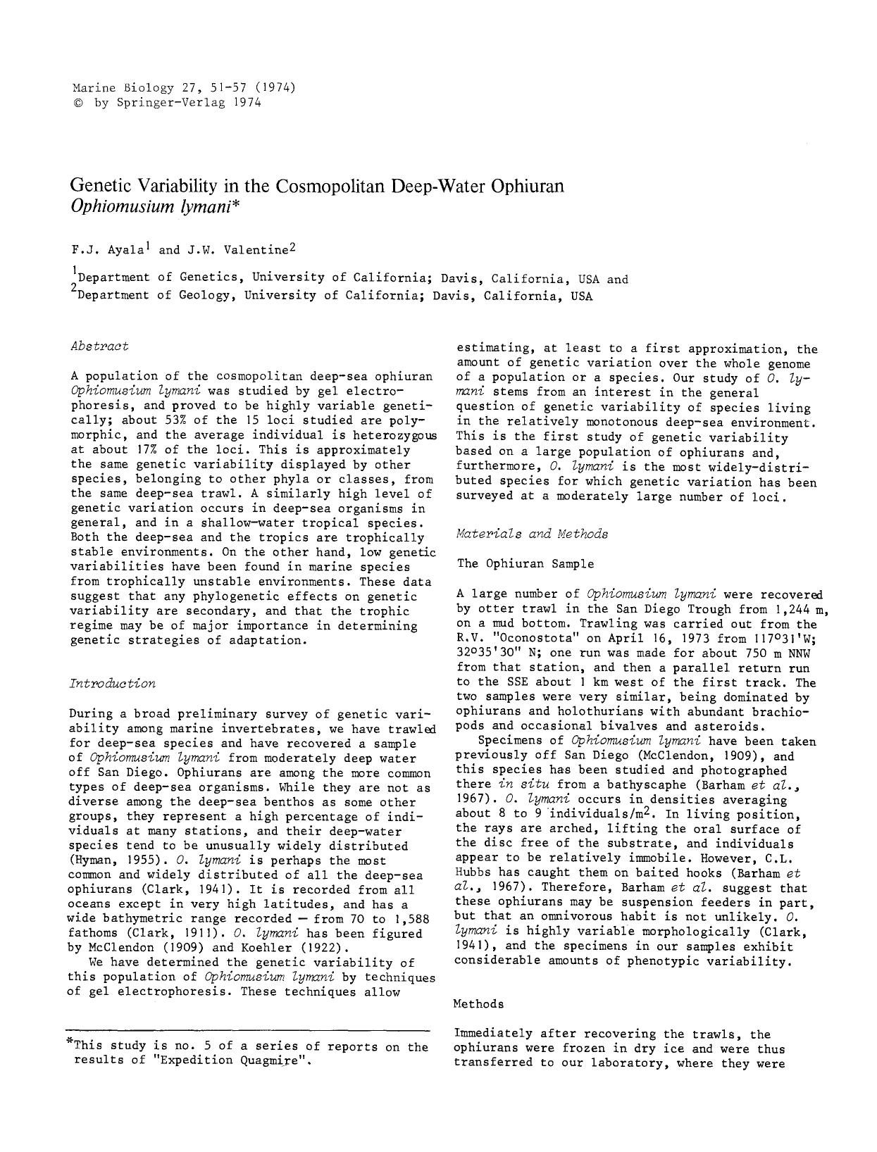 Genetic variability in the cosmopolitan deep-water ophiuran <Emphasis Type="Italic">Ophiomusium lymani<Emphasis> by Unknown
