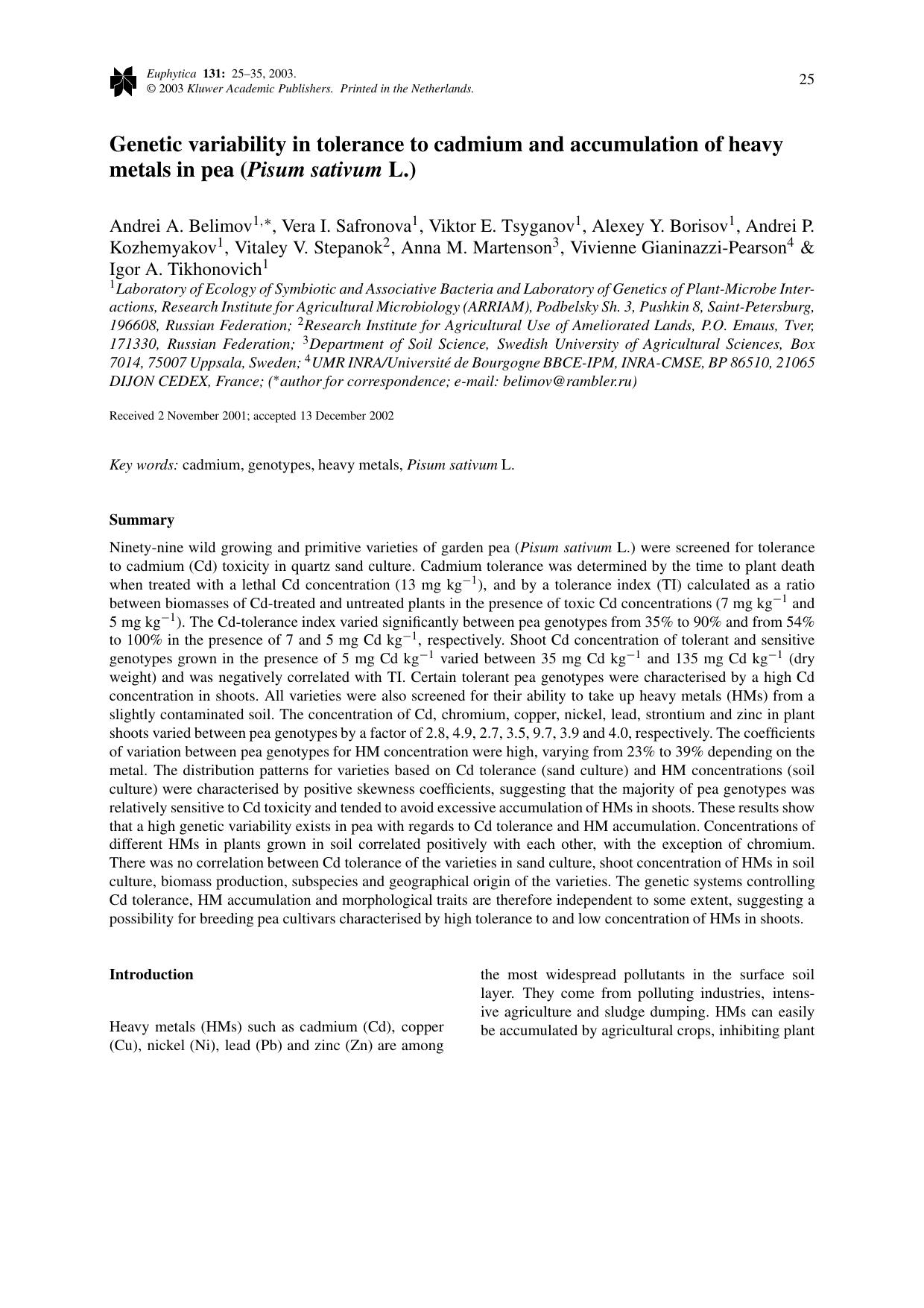 Genetic variability in tolerance to cadmium and accumulation of heavy metals in pea (<Emphasis Type="Italic">Pisum sativum<Emphasis> L.) by Unknown