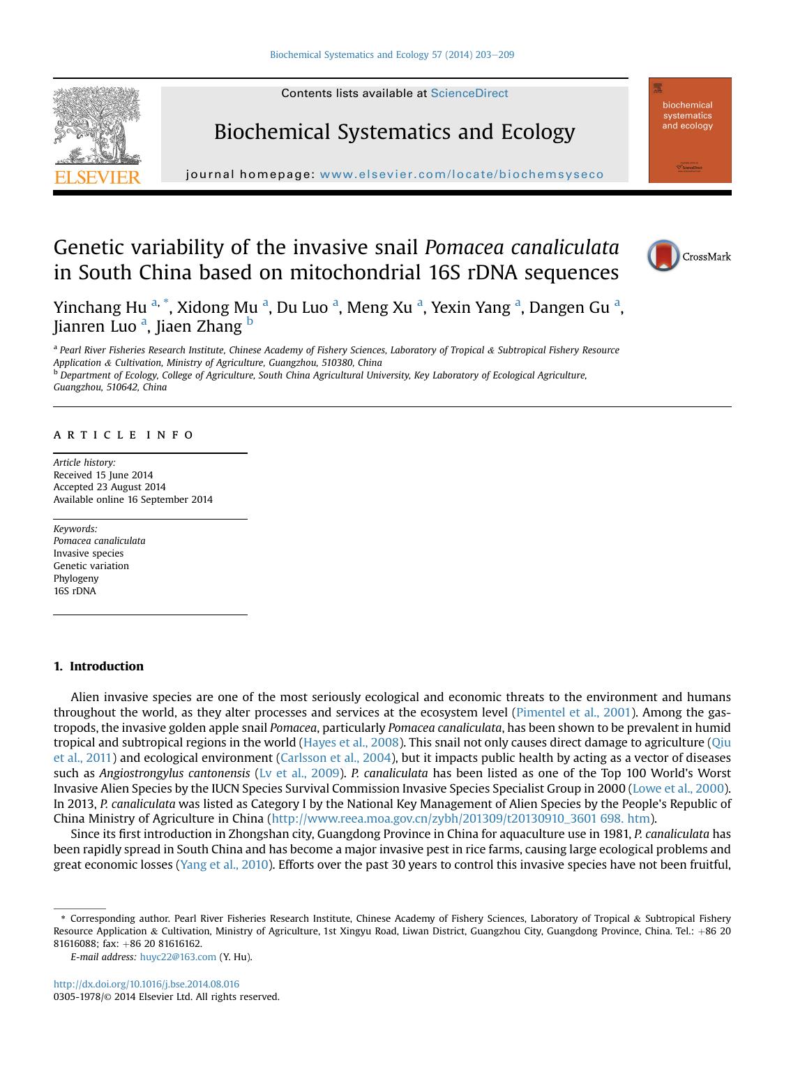 Genetic variability of the invasive snail Pomacea canaliculata in South China based on mitochondrial 16S rDNA sequences by Yinchang Hu & Xidong Mu & Du Luo & Meng Xu & Yexin Yang & Dangen Gu & Jianren Luo & Jiaen Zhang
