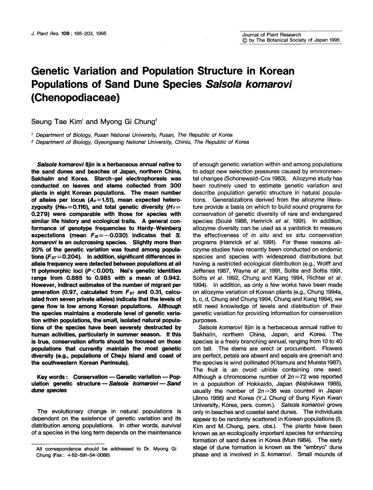 Genetic variation and population structure in Korean populations of sand dune species <Emphasis Type="Italic">Salsola komarovi <Emphasis> (Chenopodiaceae) by Unknown