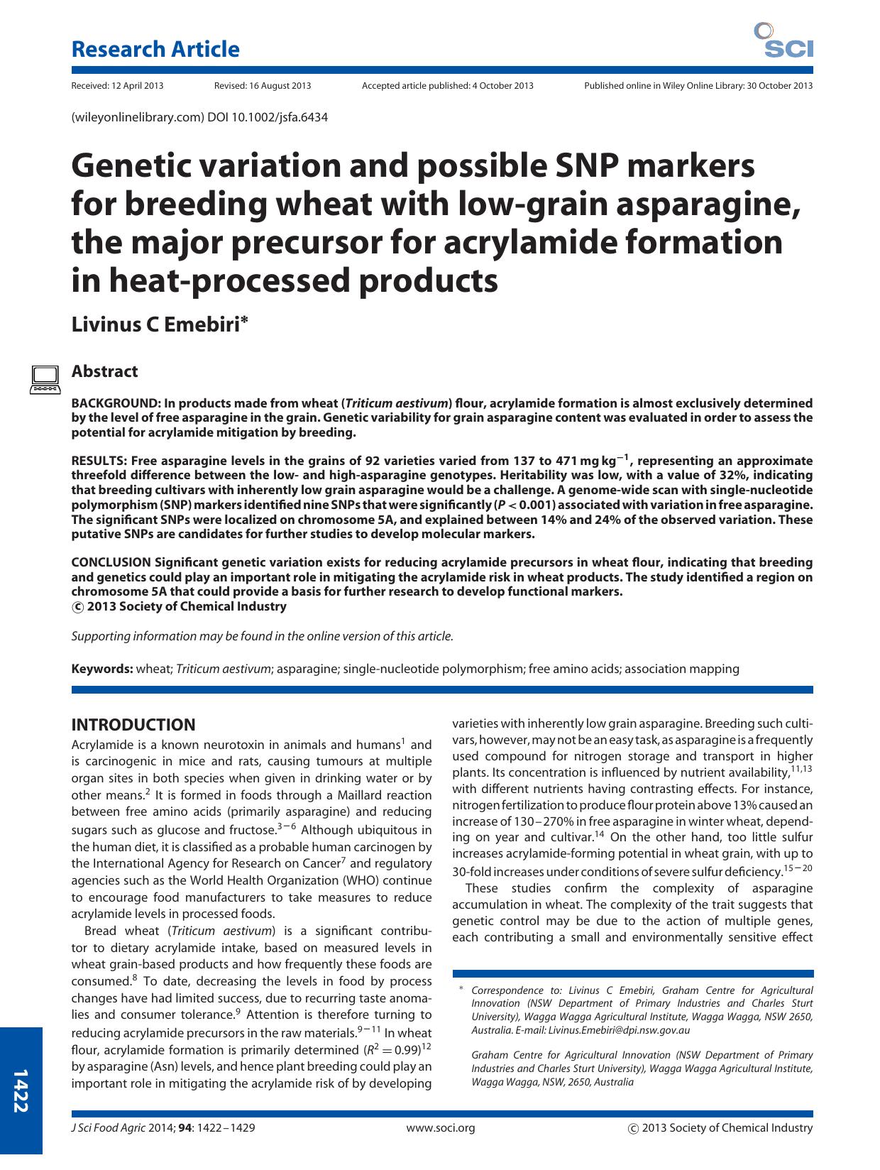 Genetic variation and possible SNP markers for breeding wheat with lowgrain asparagine, the major precursor for acrylamide formation in heatprocessed products by Unknown