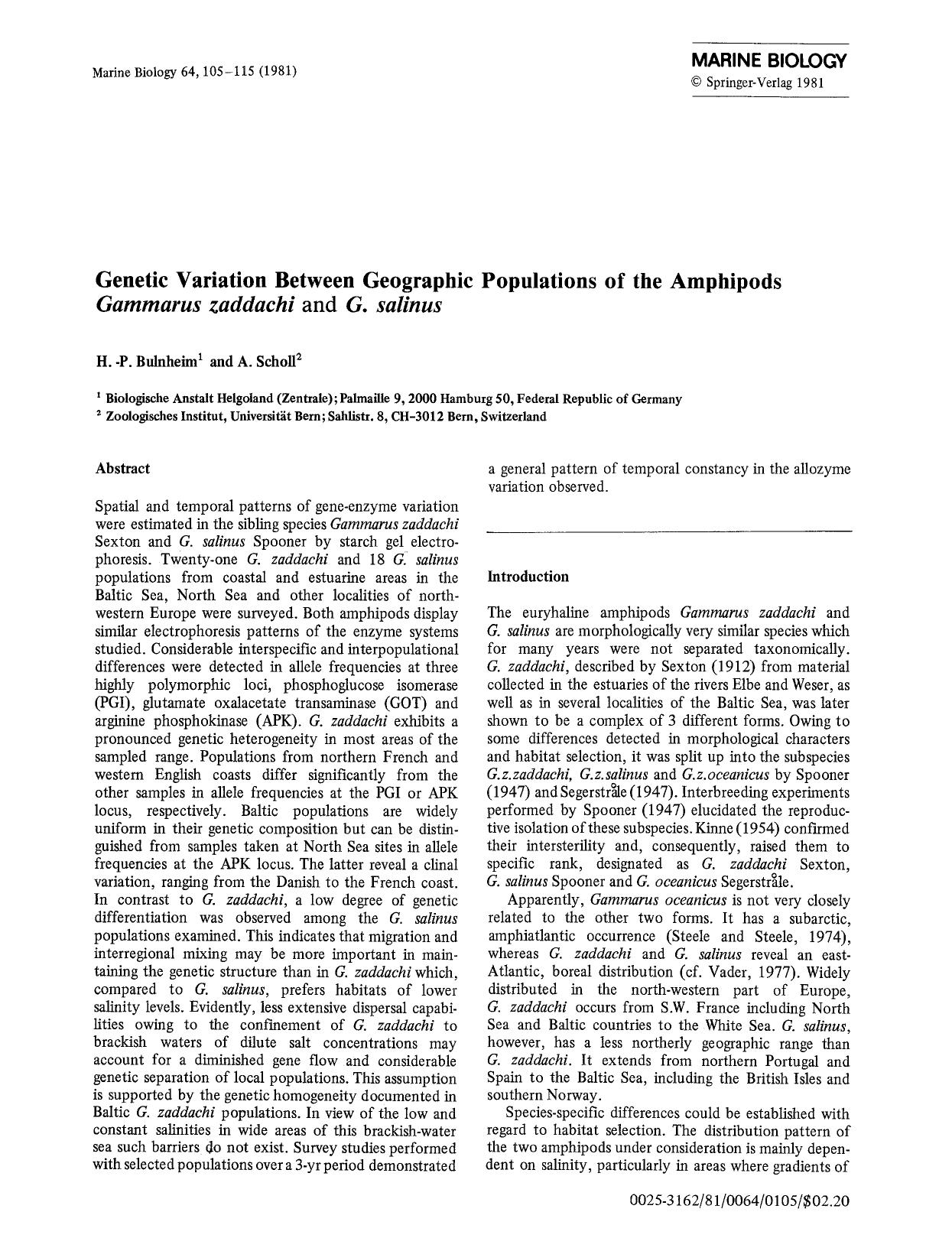 Genetic variation between geographic populations of the amphipods <Emphasis Type="Italic">Gammarus zaddachi<Emphasis> and <Emphasis Type="Italic">G. salinus<Emphasis> by Unknown