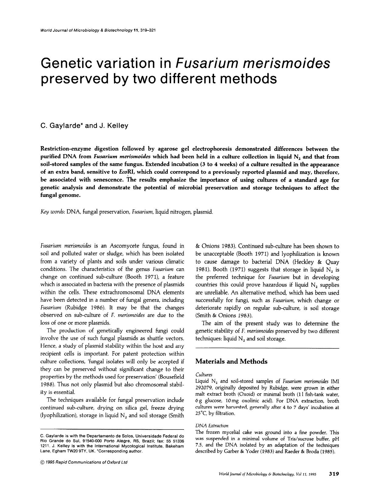 Genetic variation in <Emphasis Type="Italic">Fusarium merismoides<Emphasis> preserved by two different methods by Unknown