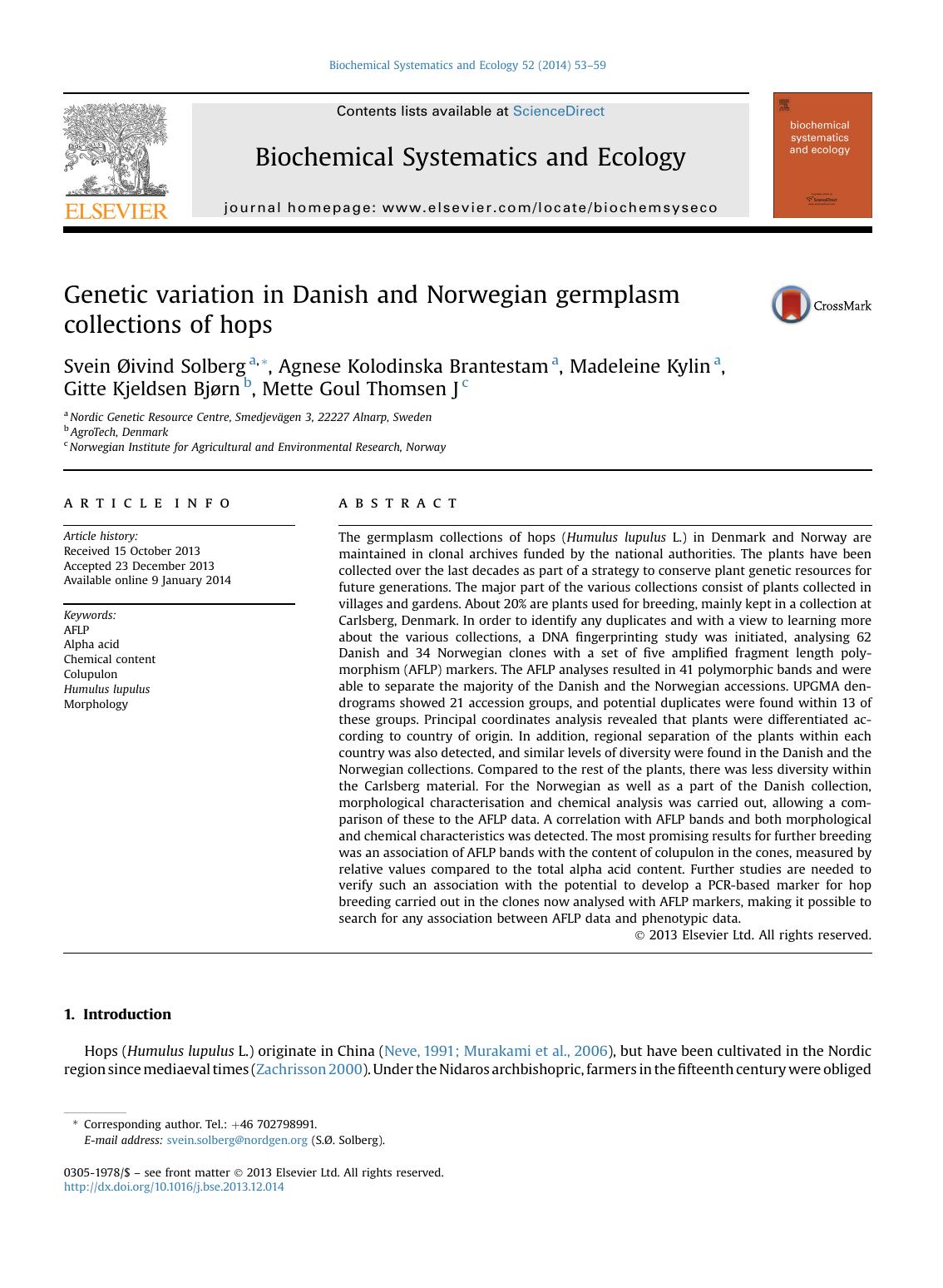 Genetic variation in Danish and Norwegian germplasm collections of hops by unknow
