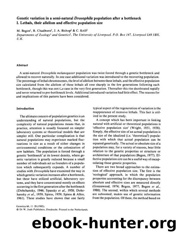 Genetic variation in a semi-natural  <Emphasis Type="Italic">Drosophila <Emphasis> population after a bottleneck I. Lethals, their allelism and effective population size by Unknown