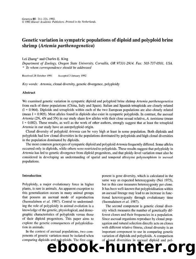 Genetic variation in sympatric populations of diploid and polyploid brine shrimp (<Emphasis Type="Italic">Artemia parthenogenetica<Emphasis>) by Unknown