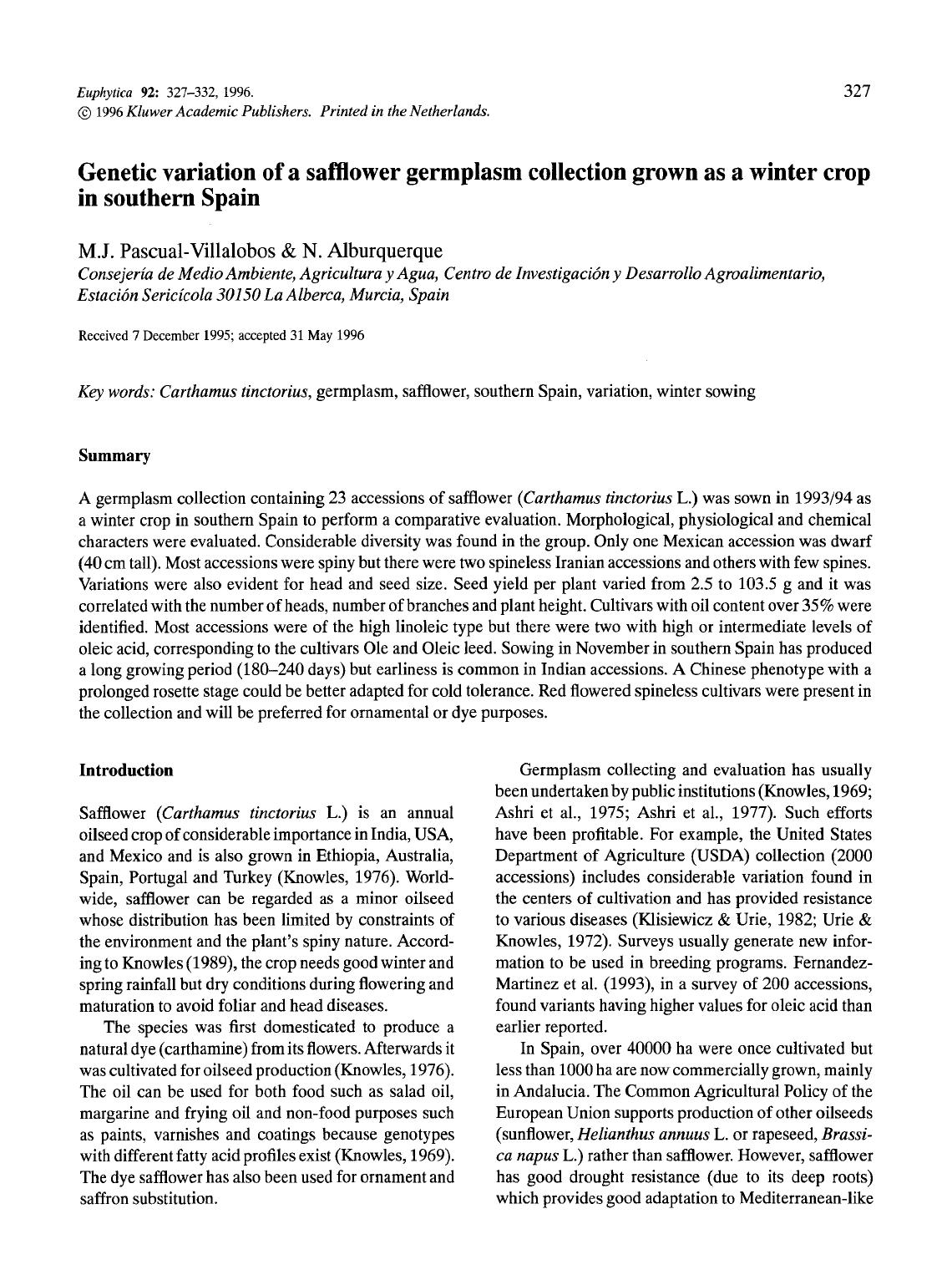 Genetic variation of a safflower germplasm collection grown as a winter crop in southern Spain by Unknown