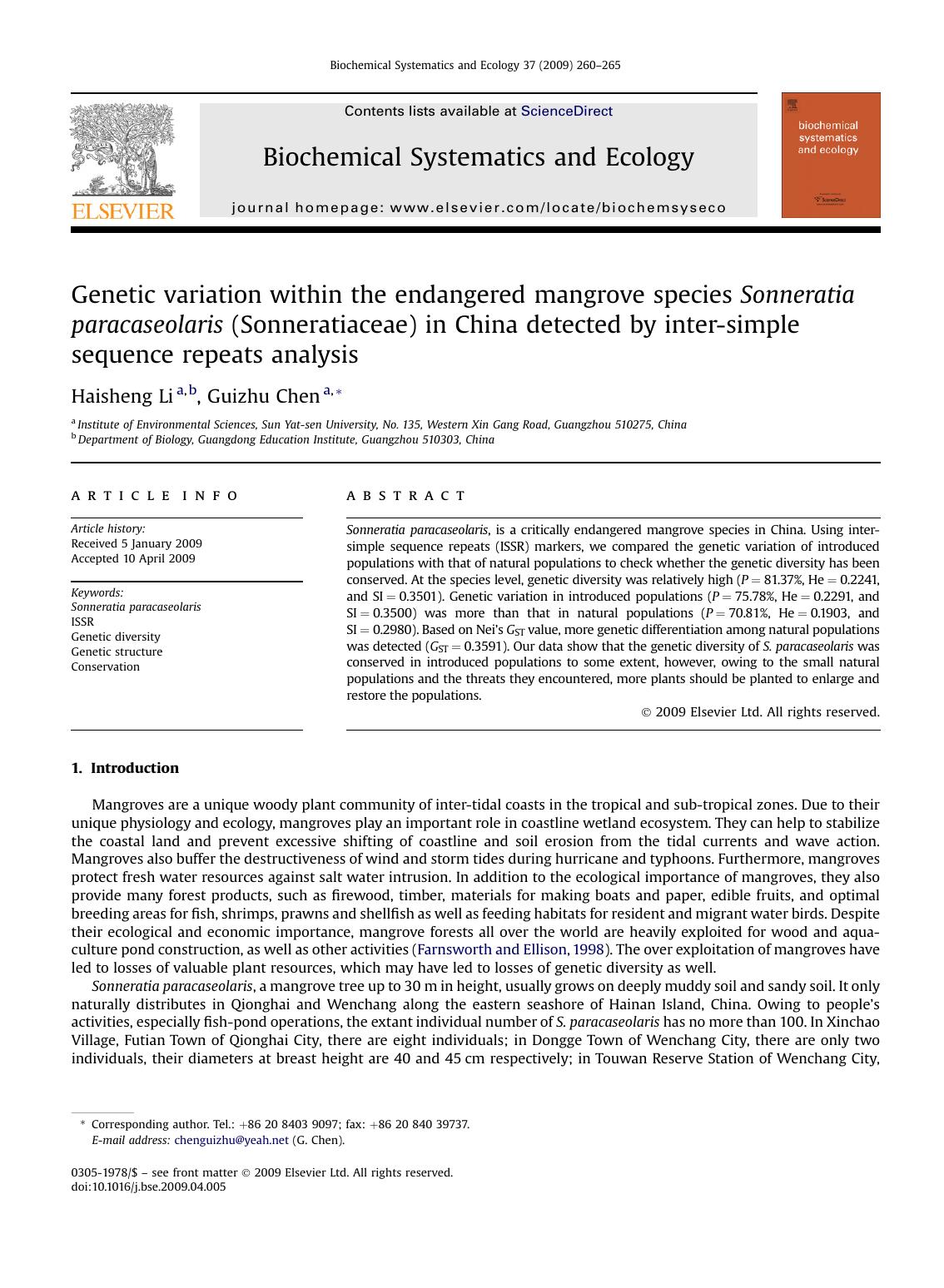 Genetic variation within the endangered mangrove species Sonneratia paracaseolaris (Sonneratiaceae) in China detected by inter-simple sequence repeats analysis by Haisheng Li; Guizhu Chen
