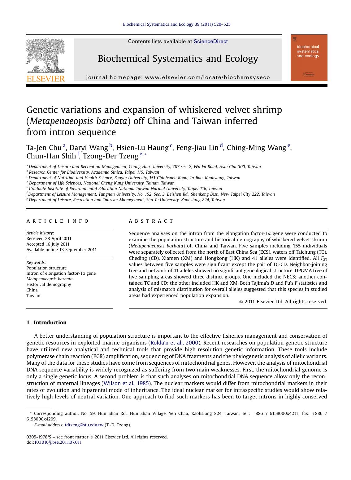 Genetic variations and expansion of whiskered velvet shrimp (Metapenaeopsis barbata) off China and Taiwan inferred from intron sequence by unknow