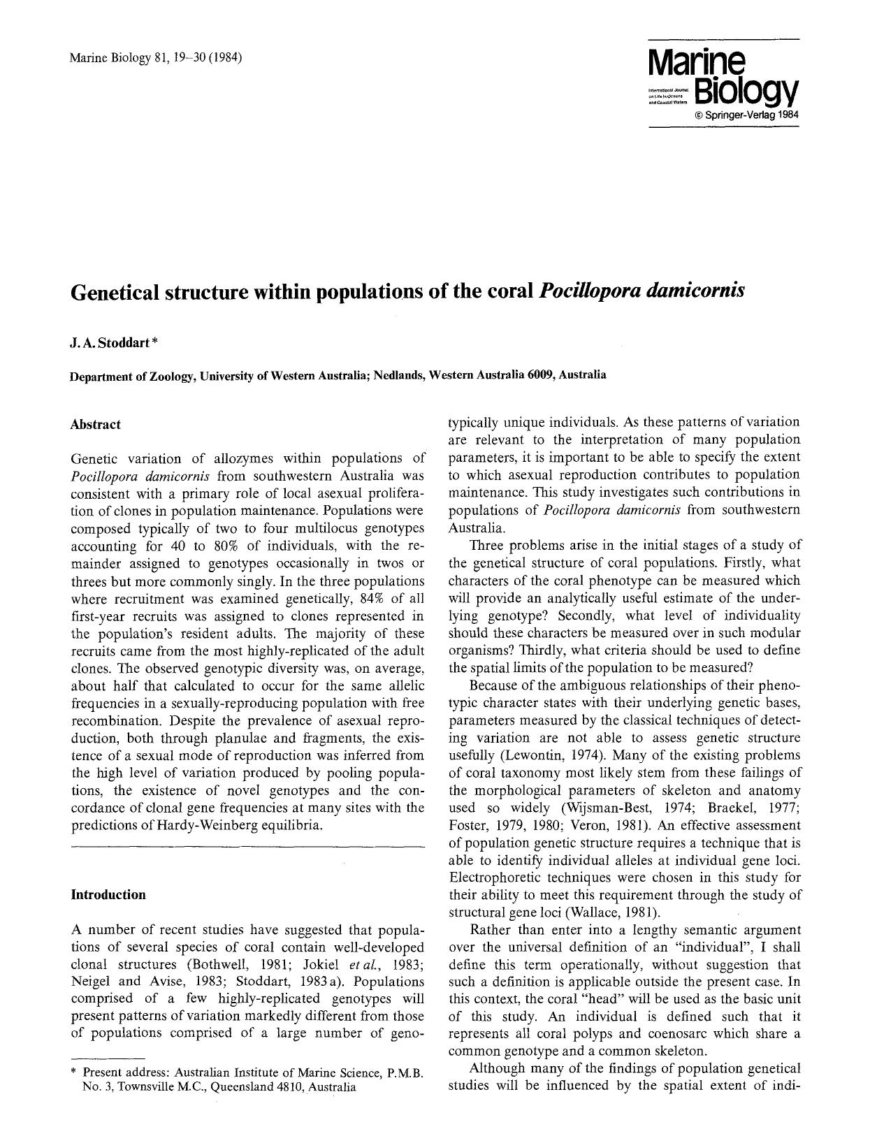 Genetical structure within populations of the coral <Emphasis Type="Italic">Pocillopora damicornis<Emphasis> by Unknown