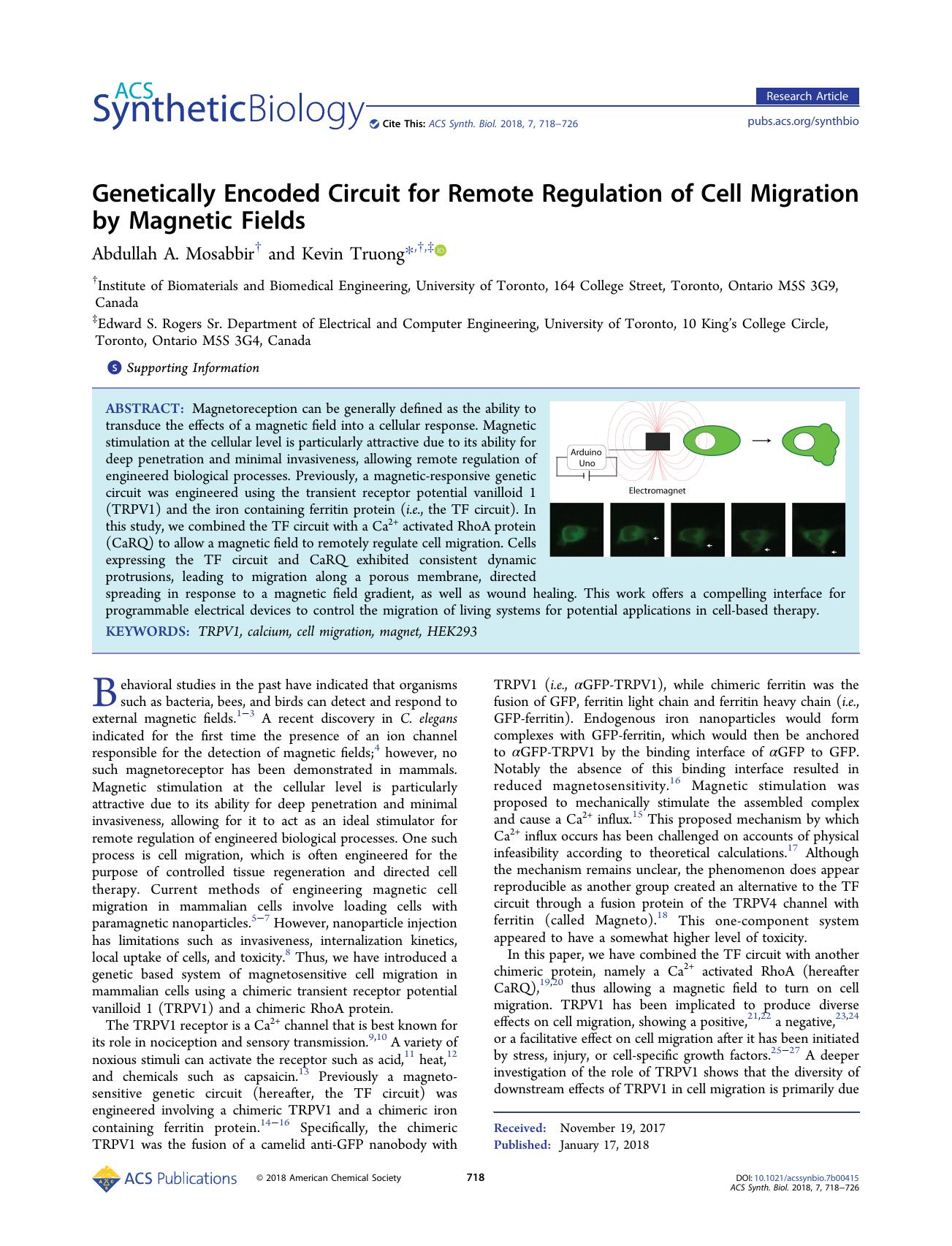 Genetically Encoded Circuit for Remote Regulation of Cell Migration by Magnetic Fields by Abdullah A. Mosabbir and Kevin Truong