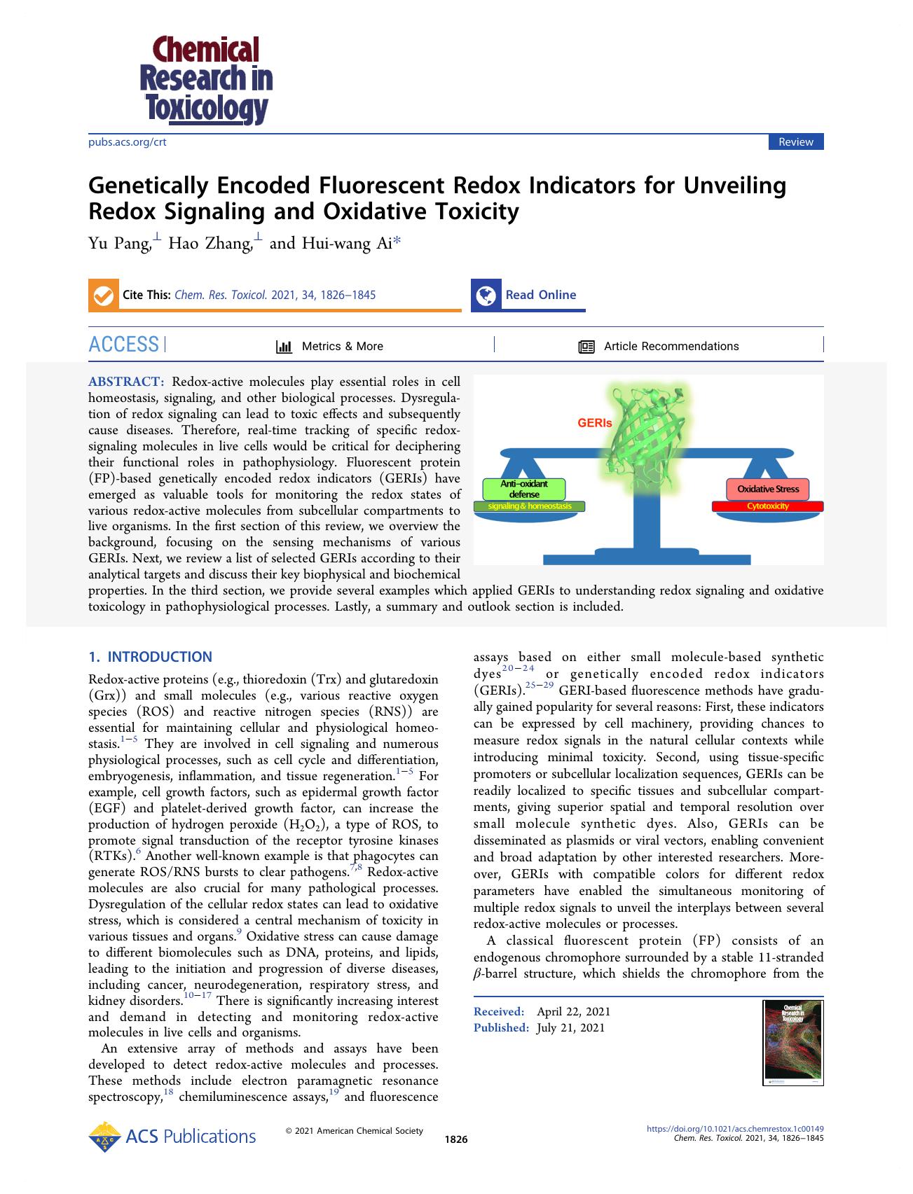 Genetically Encoded Fluorescent Redox Indicators for Unveiling Redox Signaling and Oxidative Toxicity by Yu Pang Hao Zhang and Hui-wang Ai