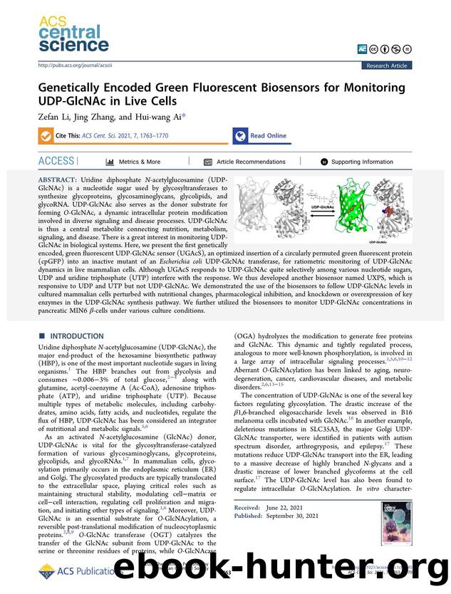 Genetically Encoded Green Fluorescent Biosensors for Monitoring UDP-GlcNAc in Live Cells by Zefan Li & Jing Zhang & Hui-wang Ai (ORCID: g/0000-0002-5664-3270)